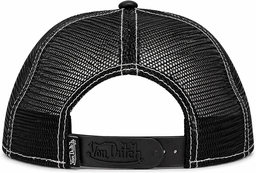 Von Dutch Trucker Hat, Black Faux Leather Front with Mesh Back, Snapback Adjustable Baseball Cap, Midnight Ember