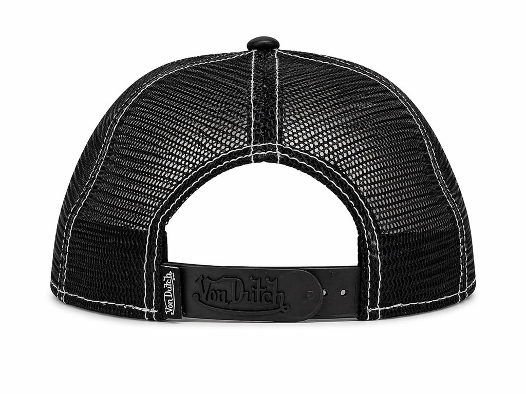 Von Dutch Trucker Hat, Black Faux Leather Front with Mesh Back, Snapback Adjustable Baseball Cap, Midnight Ember