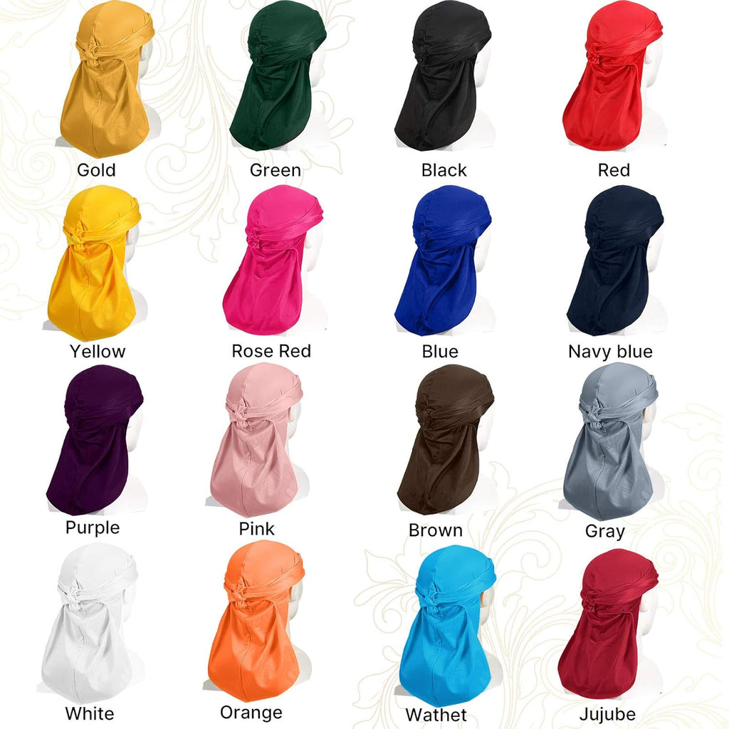 16 Pieces Velvet Durags for Men Long Tail Durags Caps Wide Strap Headwraps Soft Turban Beanies Pirate Hat Velvet Doo Rag for 360 Waves Men Women, 16 Colors
