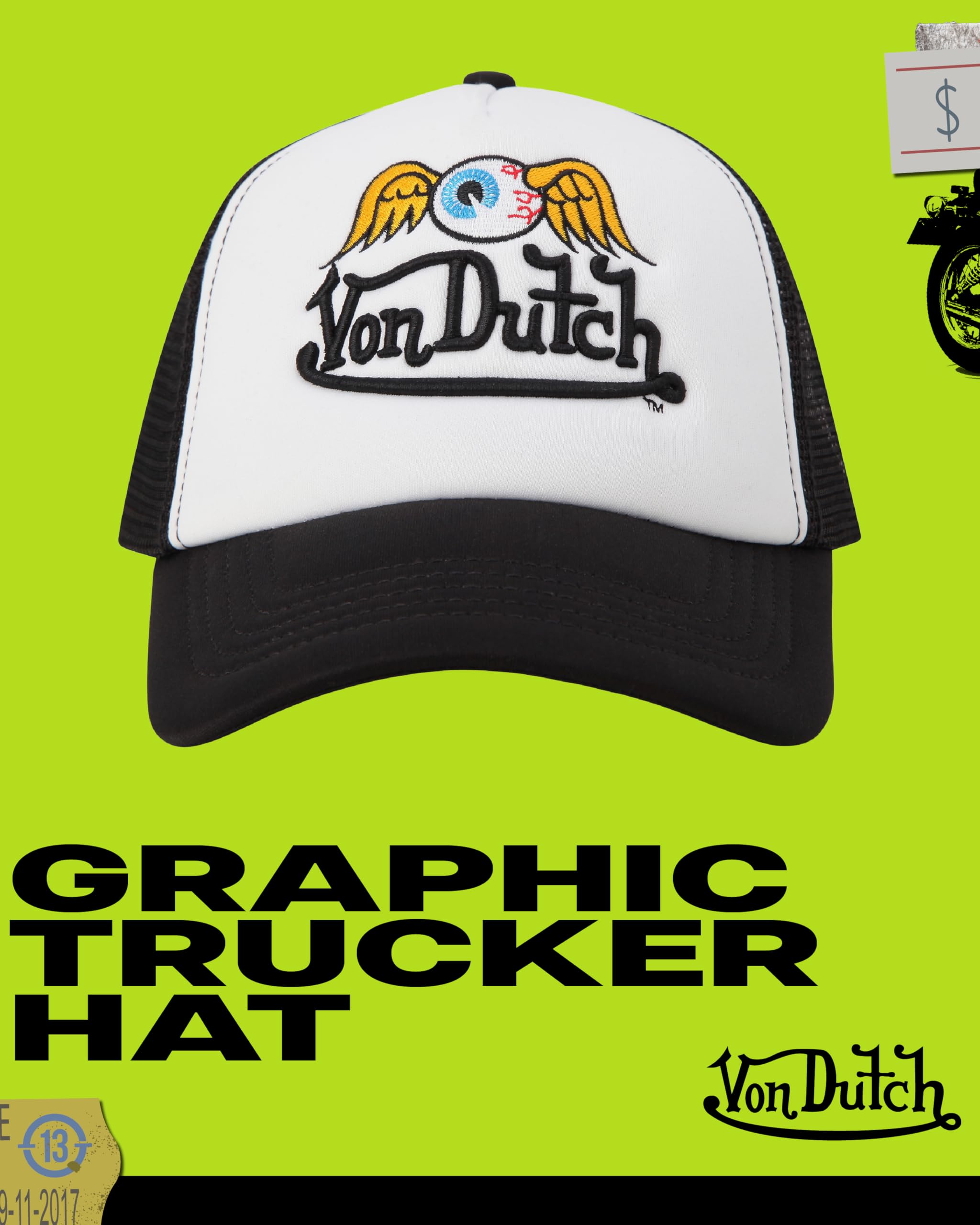 Von Dutch Monogram Trucker Cap - Retro Snapback Cap for Men and Women - Adjustable Snap Fit Panel, Mesh Rear, Curved Bill
