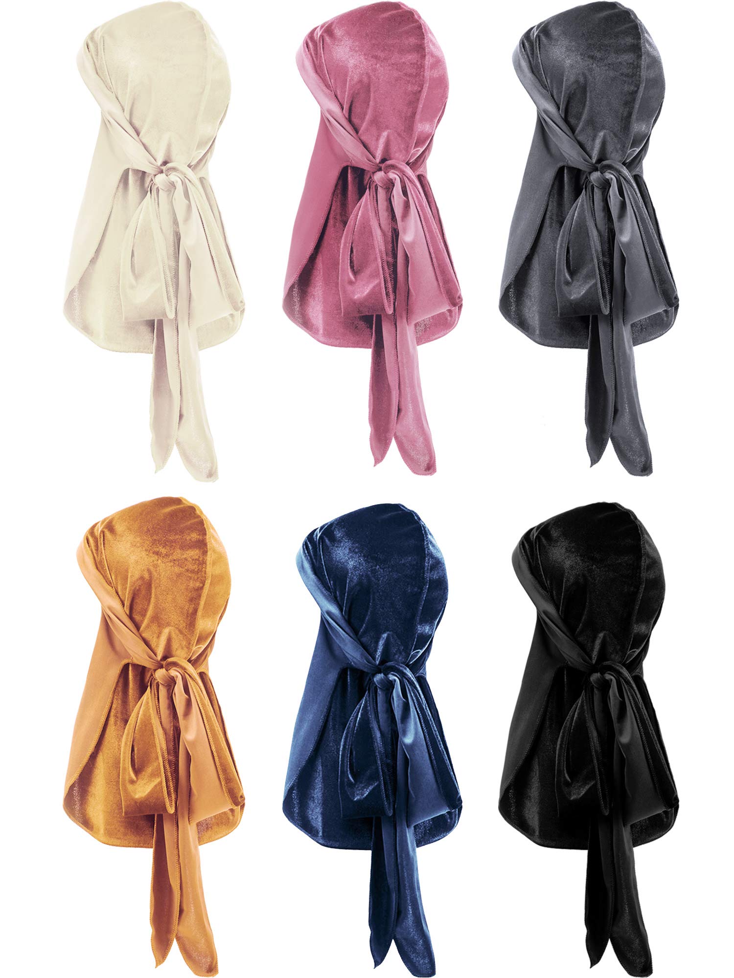 Tatuo 6 Pack Velvet Durag for Men Women, 41 Inch Extra Long Tail, Stretchable Wave Cap for 360/540/720 Waves(Green, Purple, Red, Gold, Blue, Dark)