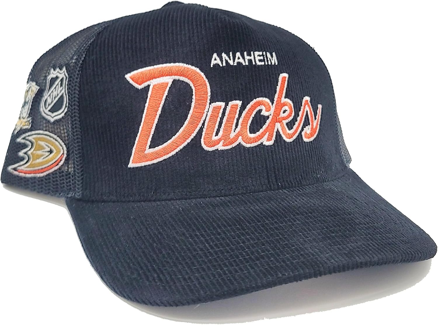 Mitchell & Ness Anaheim Ducks New NHL Retro Script Times Up Trucker Mesh Black Orange Era Snapback Hat Cap