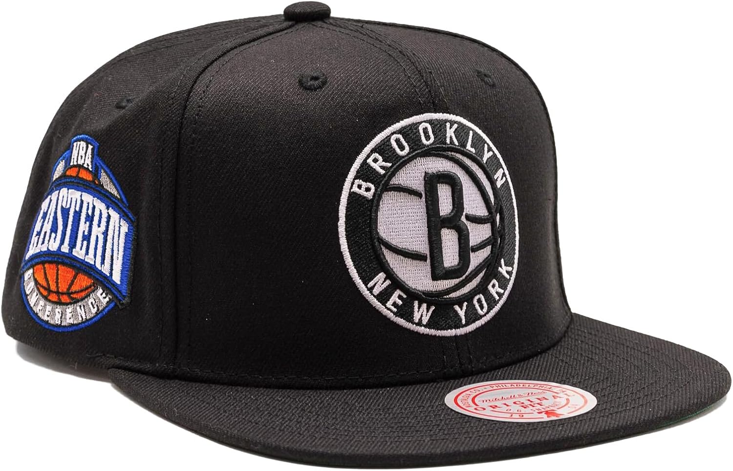 Mitchell & Ness Brooklyn Nets Conference Patch Side Logo Snapback Adjustable Hat Cap - Black