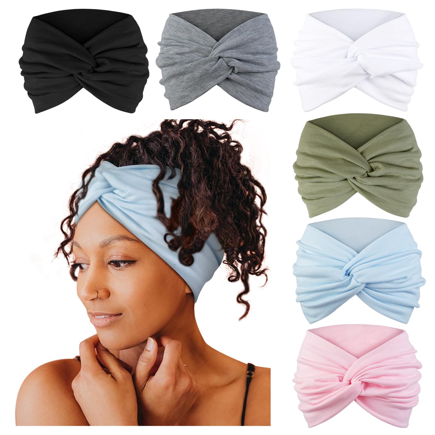 Tobeffect 7'' Extra Wide Headbands for Women, Large Thick Turban Head Wrap Headband, Boho Bandana Head Bands for Women's Hair, Non Slip Workout Yoga Hairband Hair Accessories, 6 Pack