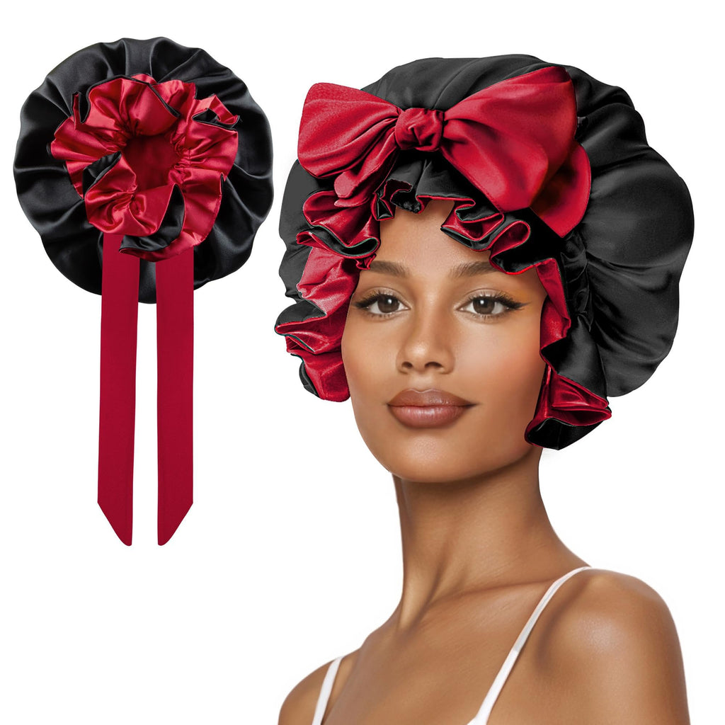 Cute Adjustable Silk Bonnet for Sleeping Double Layer Satin Cap Hair Sleep Bonnet for Curly Hair Cherry Blue