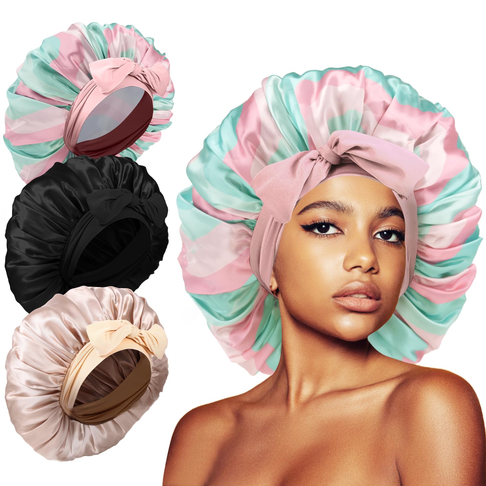 3Pcs Bonnets for Sleeping, Extra Satin Silk Bonnet for Sleeping Women with Tie Band for Curly Hair Jumbo Bonnet Braids