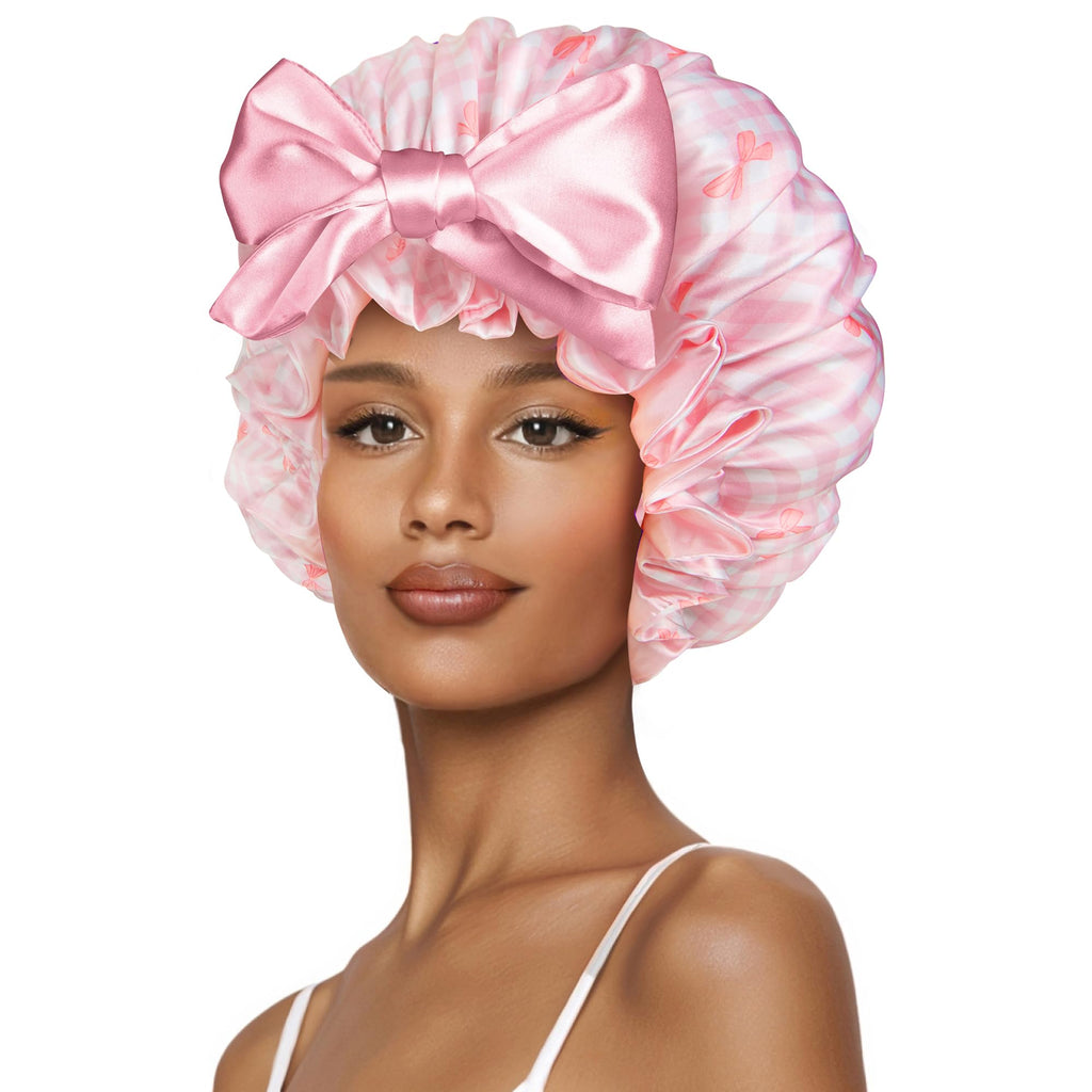 Cute Adjustable Silk Bonnet for Sleeping Double Layer Satin Cap Hair Sleep Bonnet for Curly Hair Cherry Blue