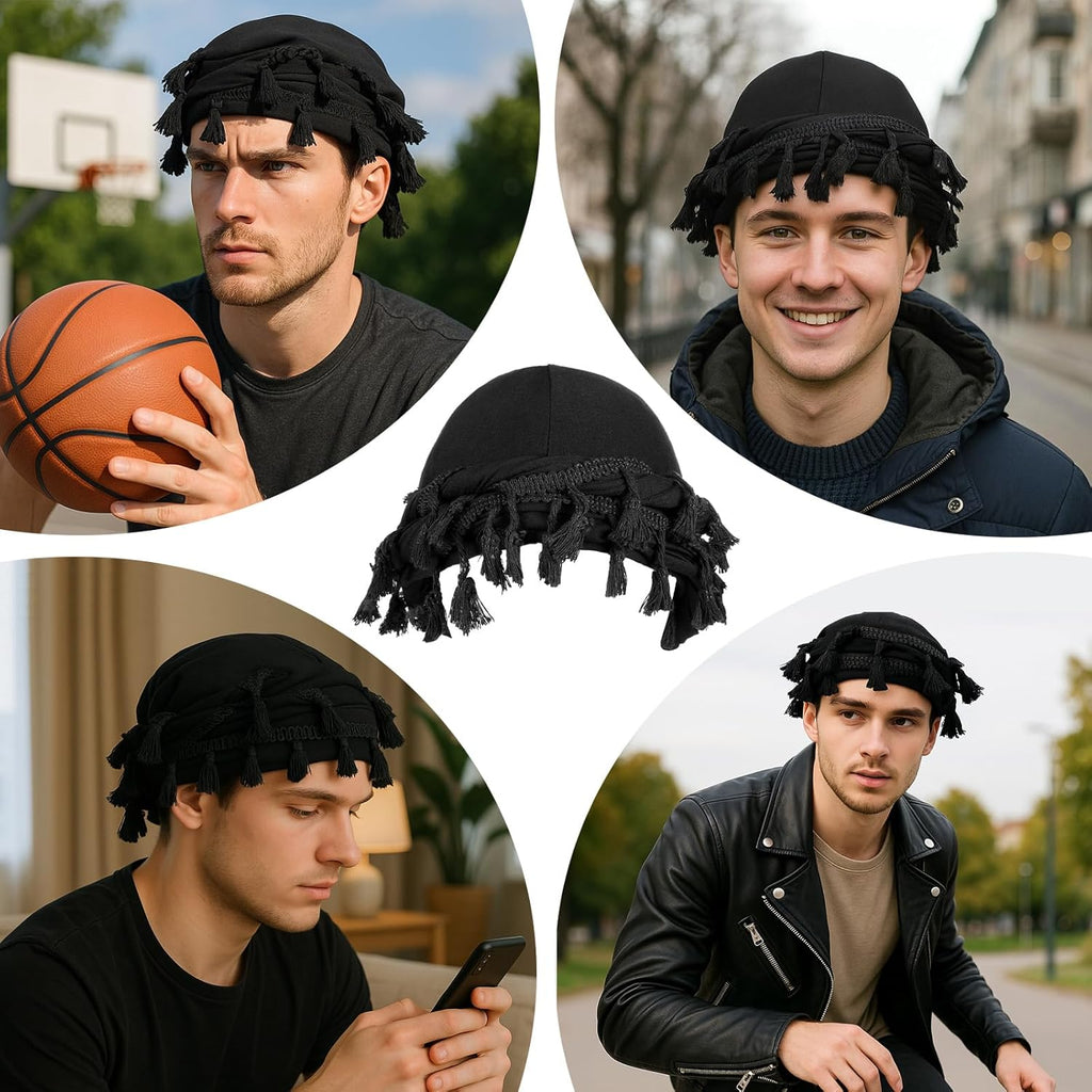 Turban for Men Satin Lined Durag Head Wrap Pre-Tied Tassels Braid Beanie Vintage Twist Bonnet with Tassel Satin Lined Halo Turban Sleep Cap Black