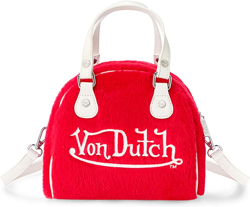 Von Dutch Mini Furry Bowling Bag | 6.8” Faux Fur Crossbody with Logo Hardware, Top Handles & Branded Interior Lining