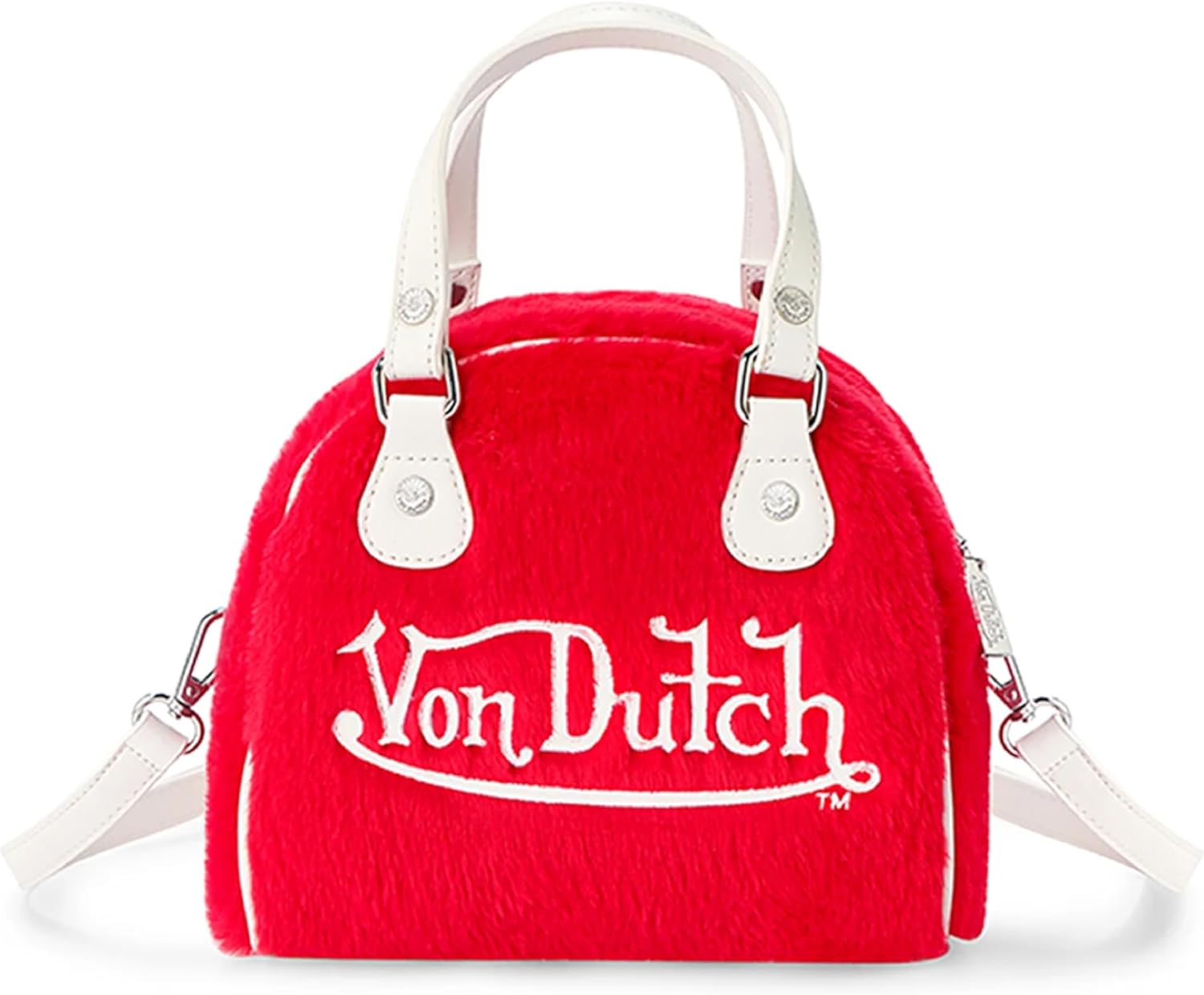 Von Dutch Mini Furry Bowling Bag | 6.8” Faux Fur Crossbody with Logo Hardware, Top Handles & Branded Interior Lining