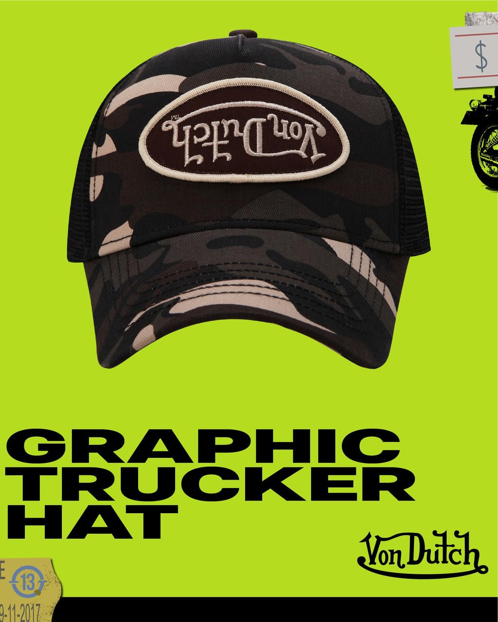 Von Dutch Monogram Trucker Cap - Retro Snapback Cap for Men and Women - Adjustable Snap Fit Panel, Mesh Rear, Curved Bill