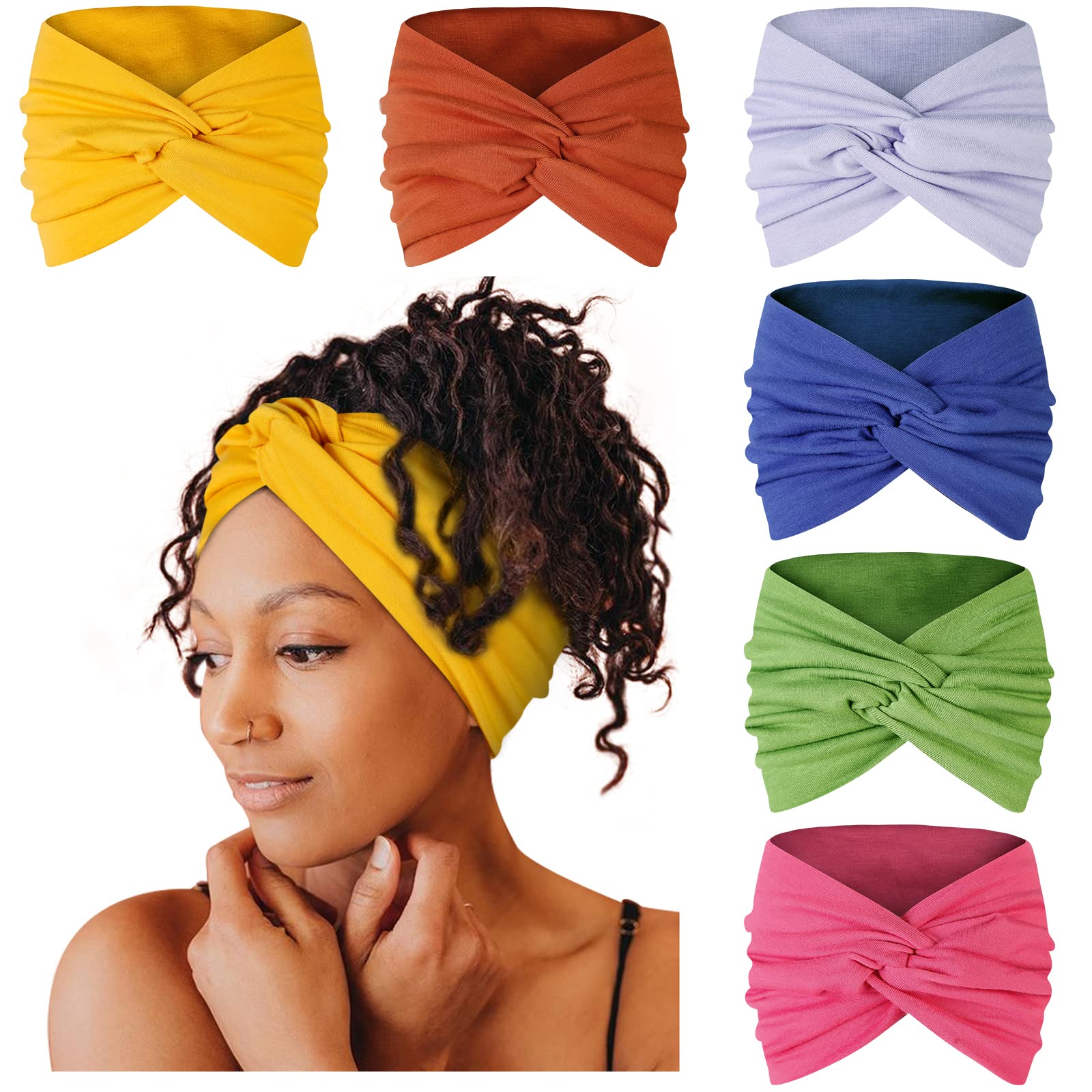 Tobeffect 7'' Extra Wide Headbands for Women, Large Thick Turban Head Wrap Headband, Boho Bandana Head Bands for Women's Hair, Non Slip Workout Yoga Hairband Hair Accessories, 6 Pack