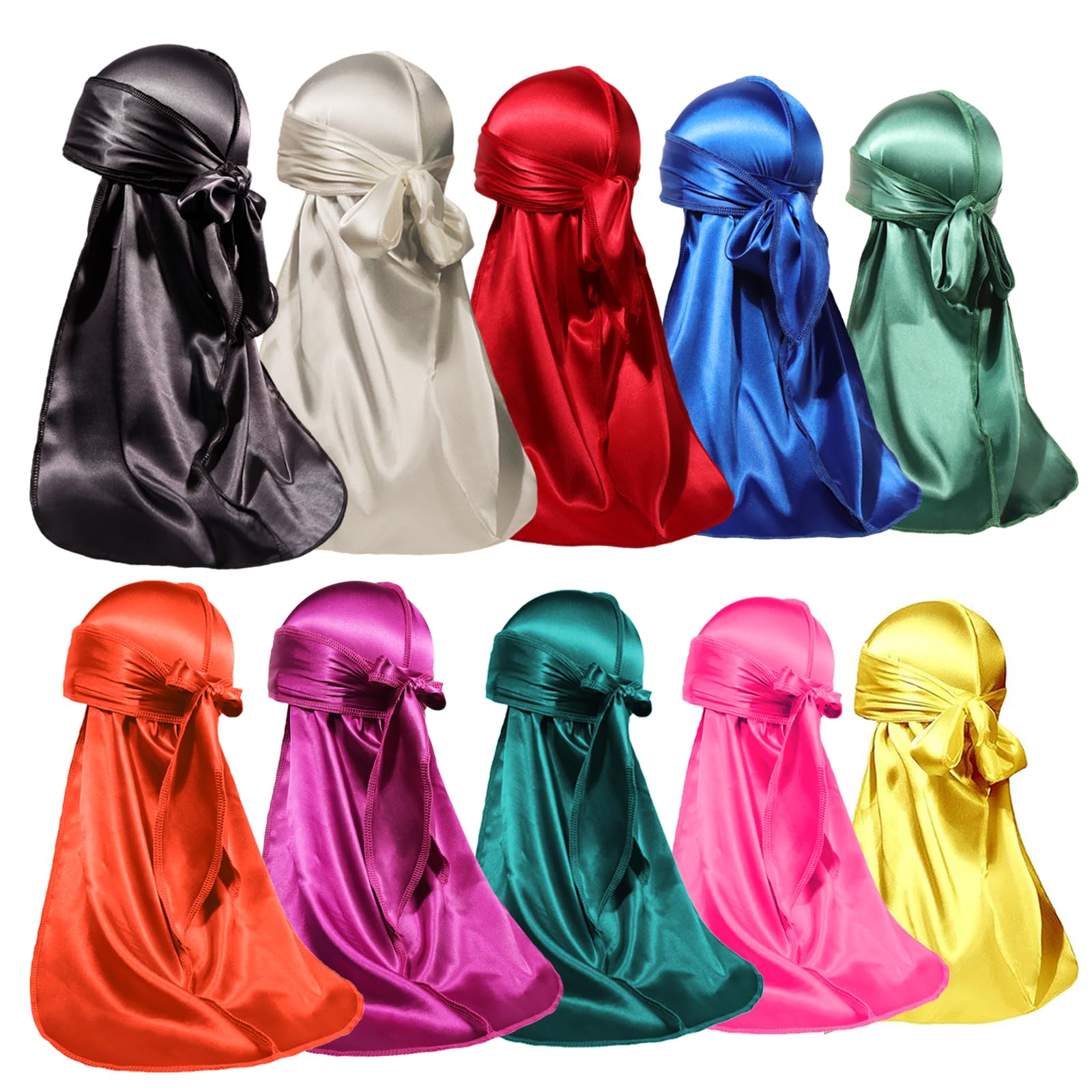 ForceWave 10 Pieces Silky Durags Long Tail for Women Men Satin Durag 360 Wave，Dorag, 10 Pieces