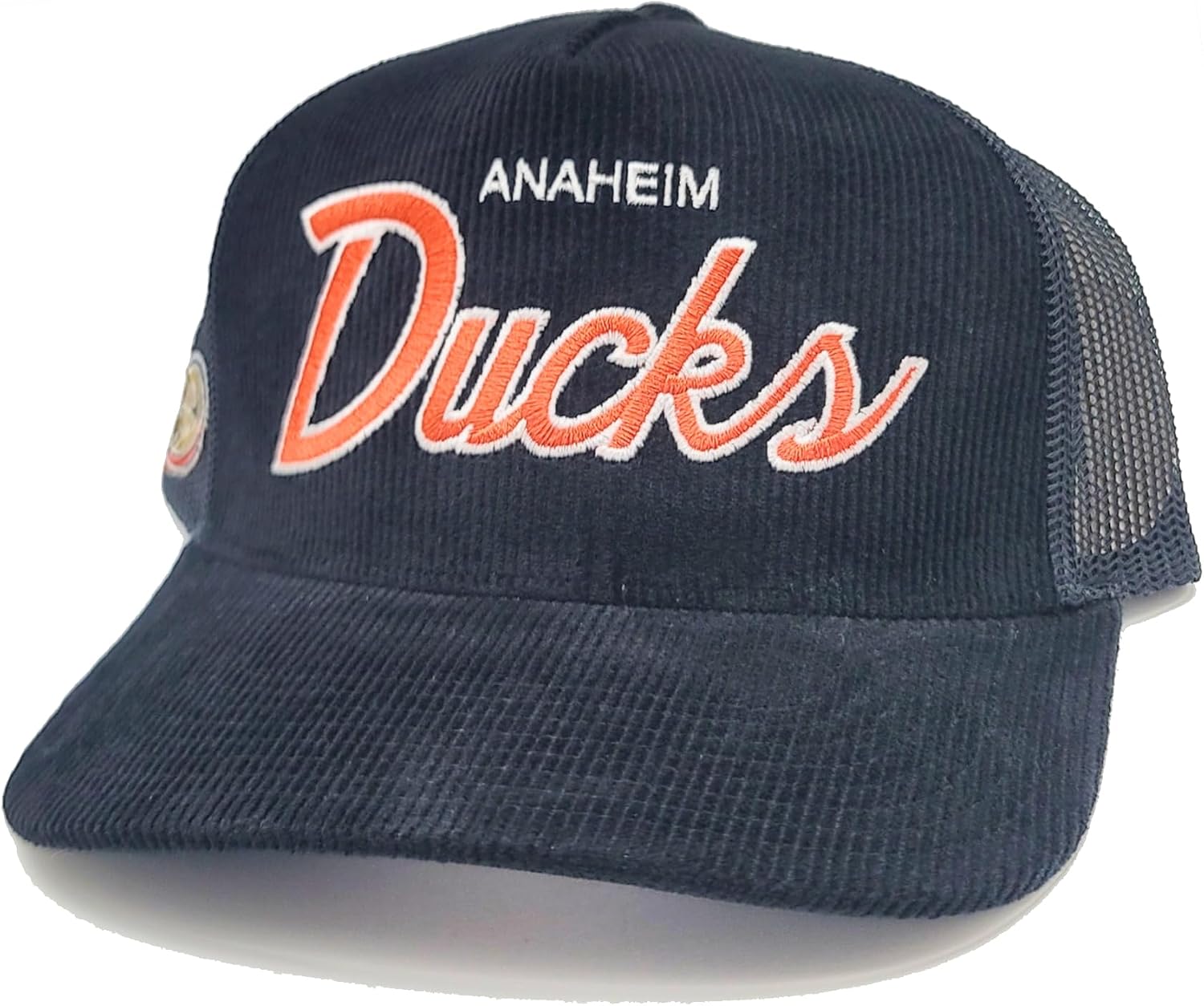 Mitchell & Ness Anaheim Ducks New NHL Retro Script Times Up Trucker Mesh Black Orange Era Snapback Hat Cap