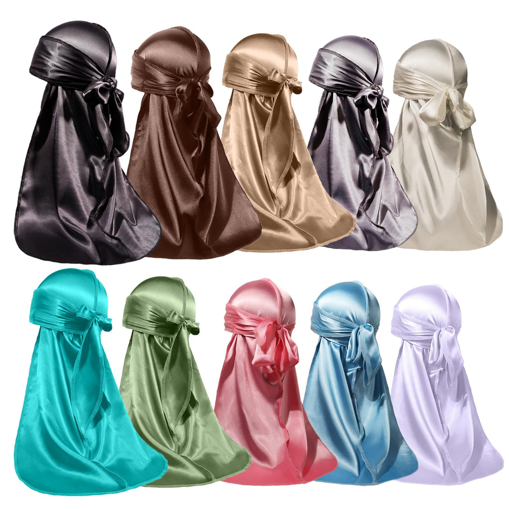 ForceWave 10 Pieces Silky Durags Long Tail for Women Men Satin Durag 360 Wave，Dorag, 10 Pieces