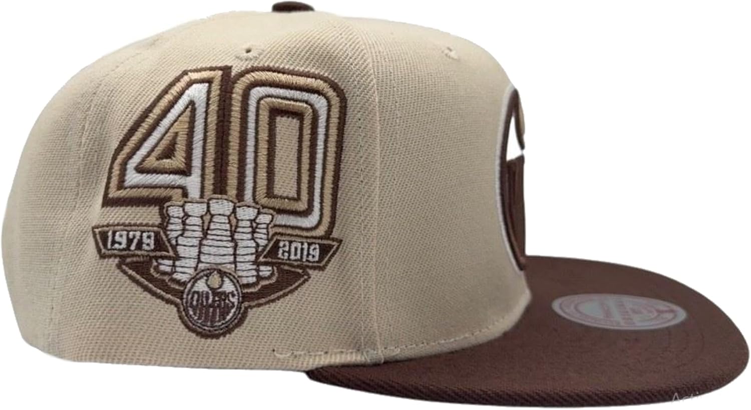 Mitchell & Ness Edmonton Oilers City Hook Snapback Adjustable Hat Cap - Cream/Brown