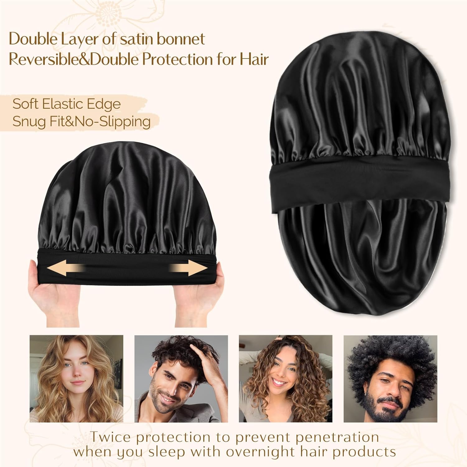 YANIBEST Silk Bonnet for Men Women Hair Bonnet for Sleeping Double Layer Satin Bonnet for Natural Curly Hair Unisex Sleep Cap
