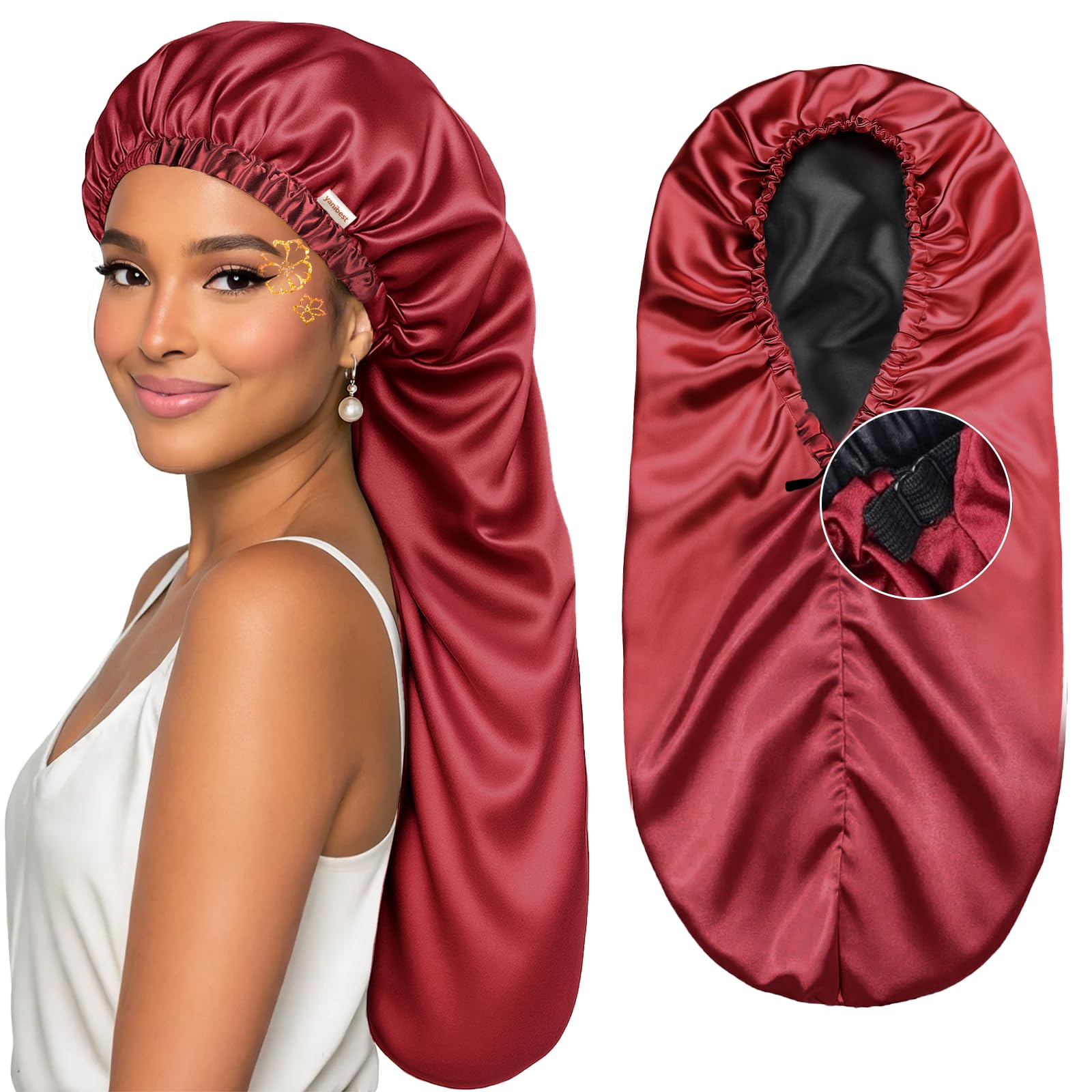 YANIBEST Satin Sleep Bonnet for Natural Hair - Extra Double Layer Long Adjustable Silk Hair Bonnet for Braids, Locs, Curls - Women’s Night Hair Protection Cap