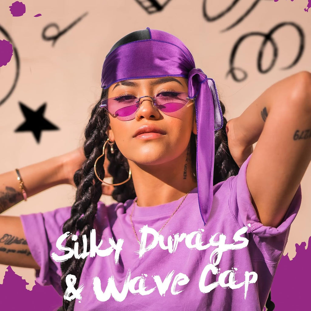 Boyiee 28 Pcs Silky Durags Set Includes 24 Satin Durag for Men Women Long Tail Headwraps with 4 Elastic Wave Cap