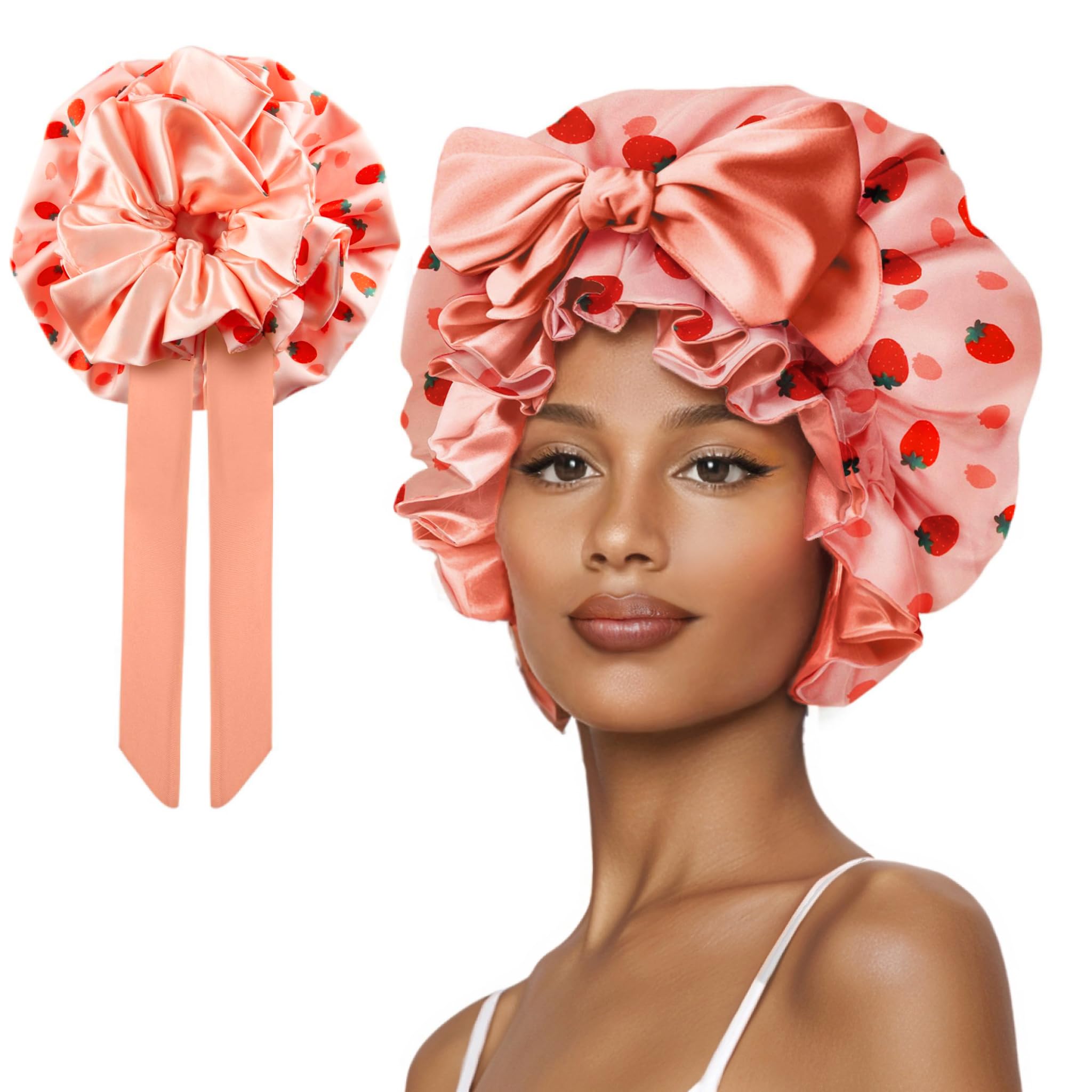 Cute Adjustable Silk Bonnet for Sleeping Double Layer Satin Cap Hair Sleep Bonnet for Curly Hair Cherry Blue