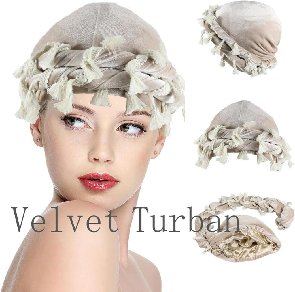 Tassel Velvet Turban for Men Women, Durag Hat Halo Cap Beanie Satin Lined Wraps Sleep Cap with Burr Trim Twisted Tail Fringe