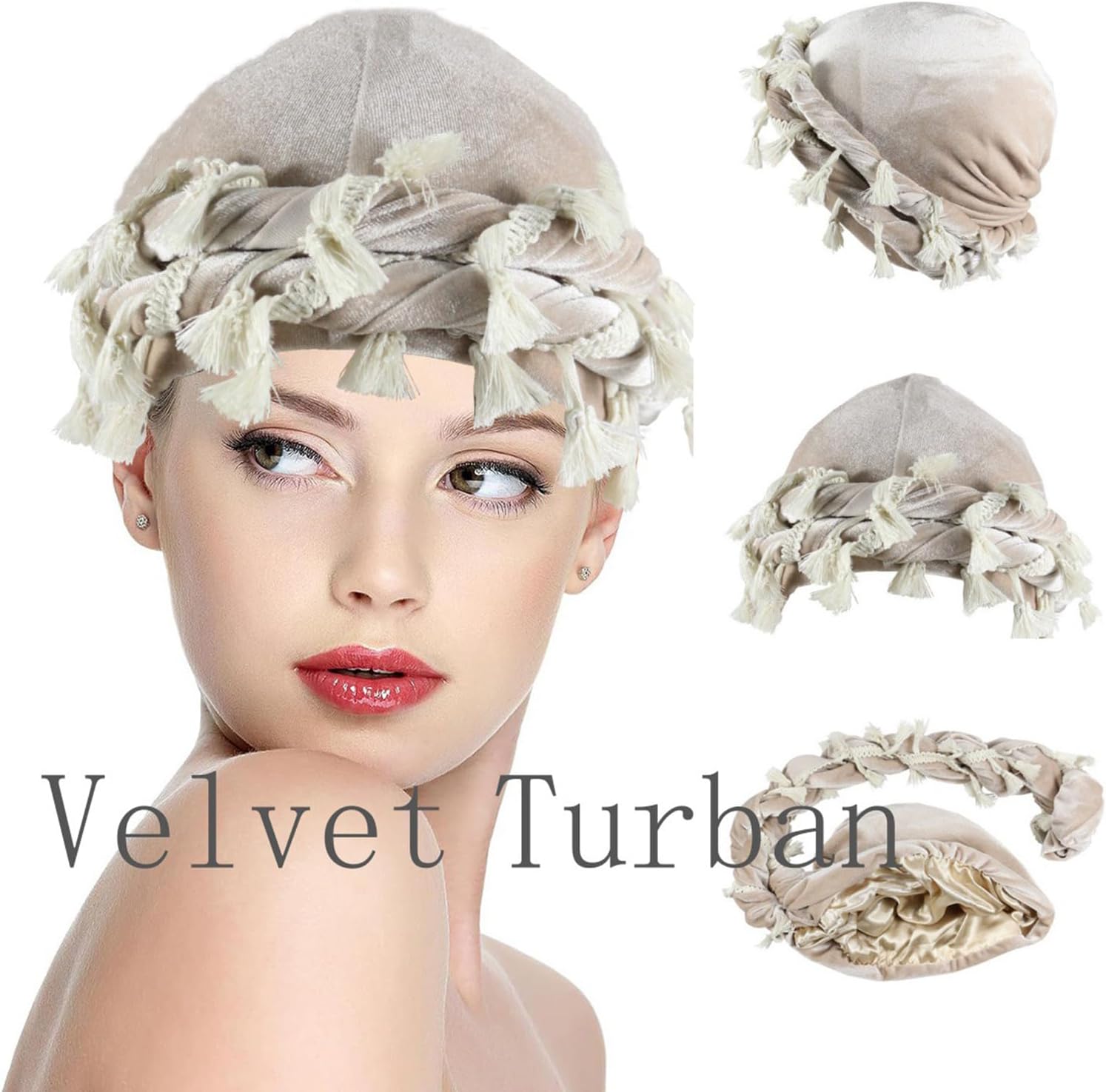 Tassel Velvet Turban for Men Women, Durag Hat Halo Cap Beanie Satin Lined Wraps Sleep Cap with Burr Trim Twisted Tail Fringe