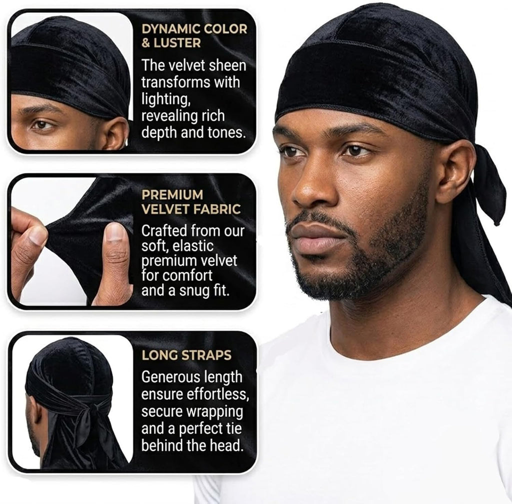 4 Pcs Velvet Durags For Men With 1 Wave Cap Long Tail Velvet For Du Rags Men