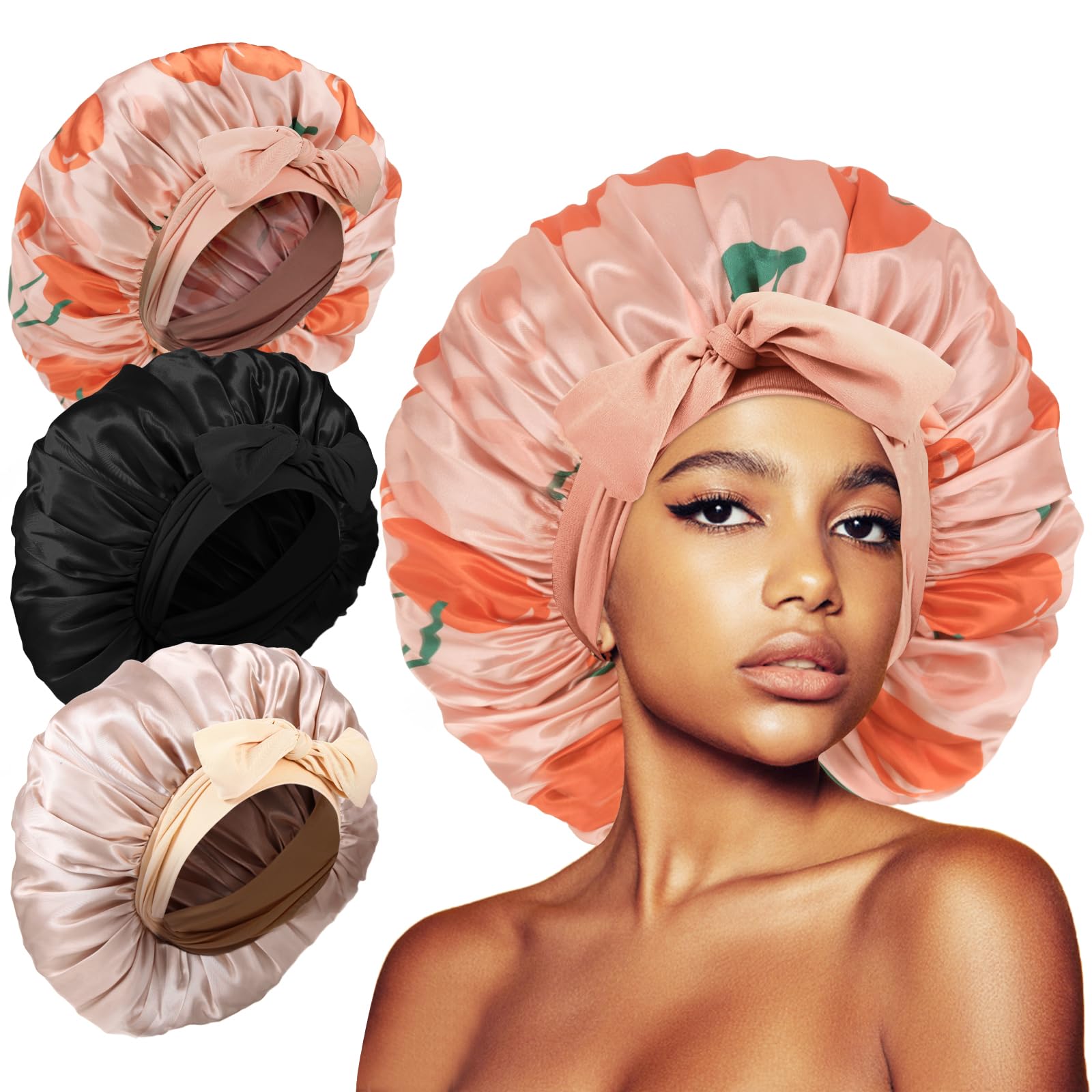 3Pcs Bonnets for Sleeping, Extra Satin Silk Bonnet for Sleeping Women with Tie Band for Curly Hair Jumbo Bonnet Braids