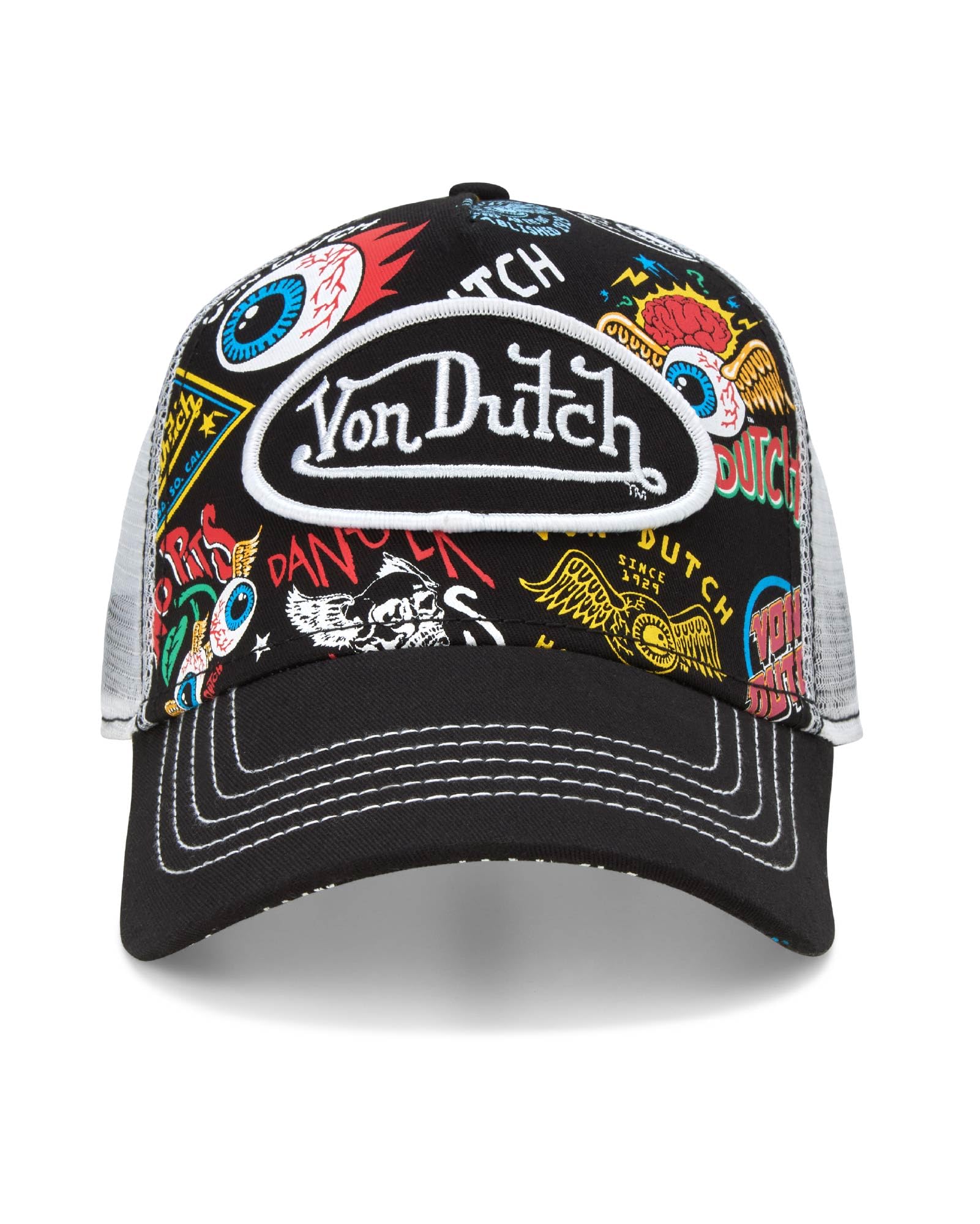 Von Dutch Monogram Trucker Cap - Retro Snapback Cap for Men and Women - Adjustable Snap Fit Panel, Mesh Rear, Curved Bill