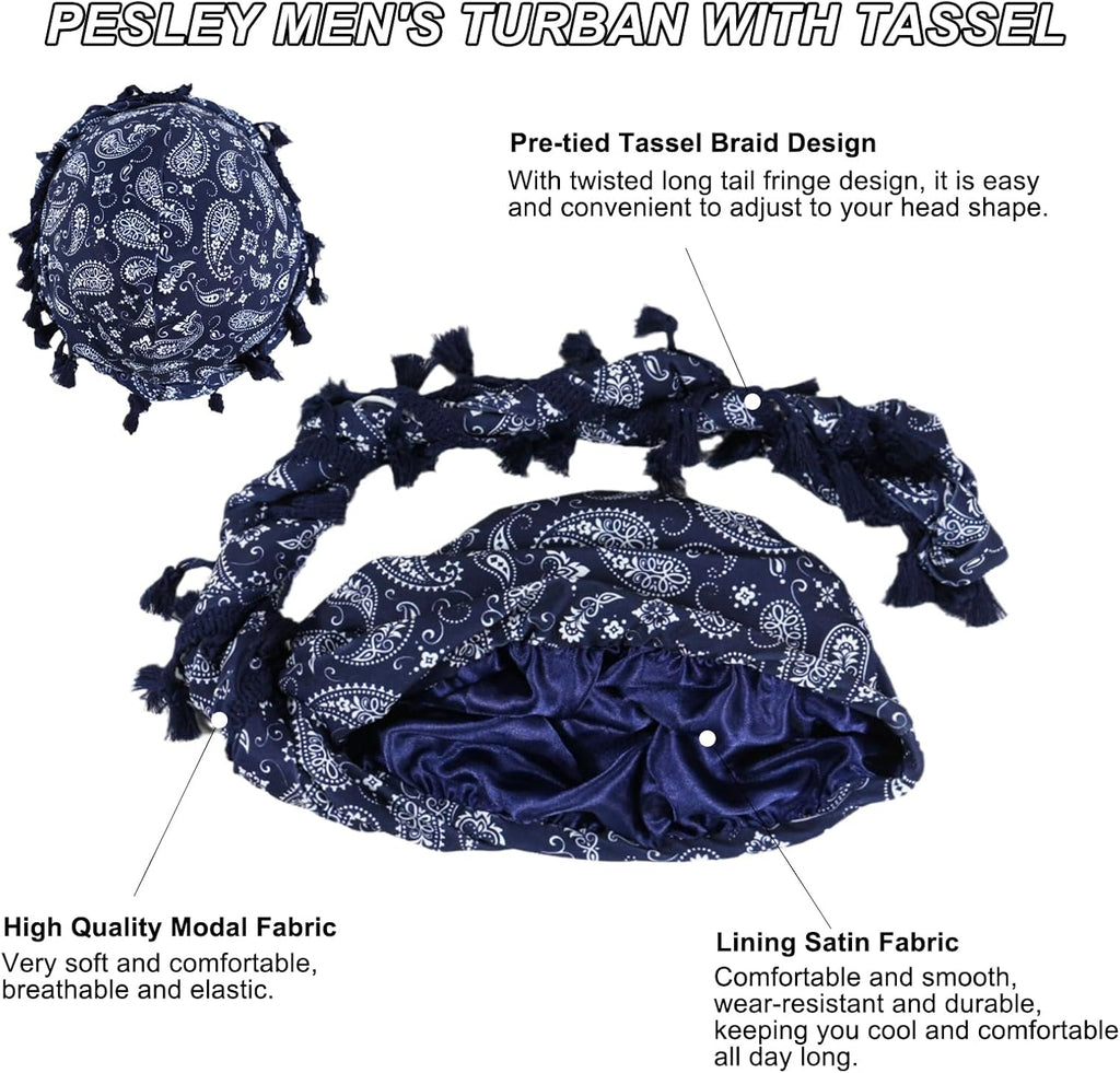 Turban for Men, Paisley Turban Durags with Tassel, Satin Lined Head Wraps, Vintage Pre-Tied Tassels Braid Bonnet Durag