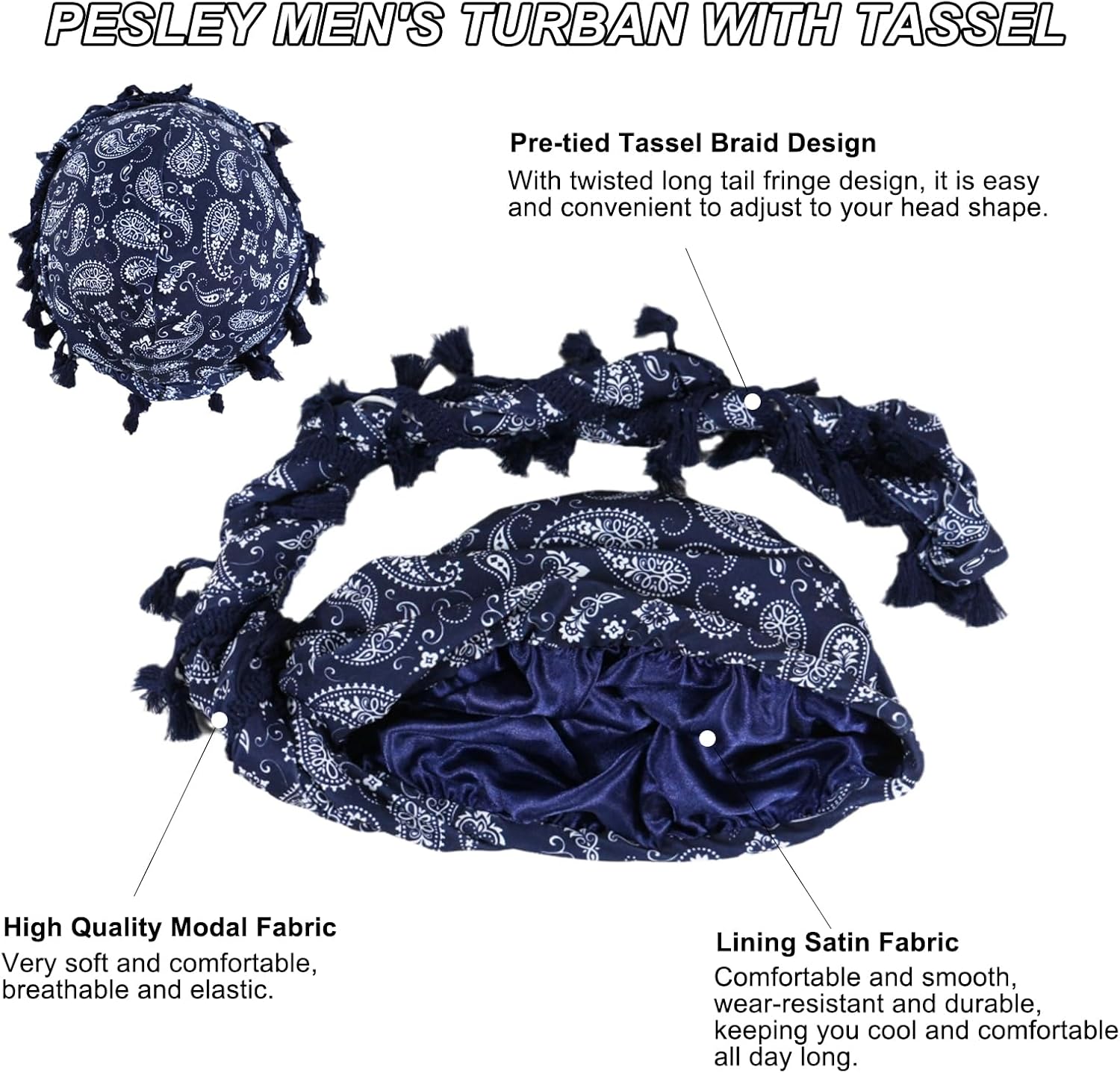 Turban for Men, Paisley Turban Durags with Tassel, Satin Lined Head Wraps, Vintage Pre-Tied Tassels Braid Bonnet Durag