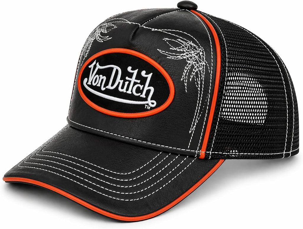 Von Dutch Trucker Hat, Black Faux Leather Front with Mesh Back, Snapback Adjustable Baseball Cap, Midnight Ember