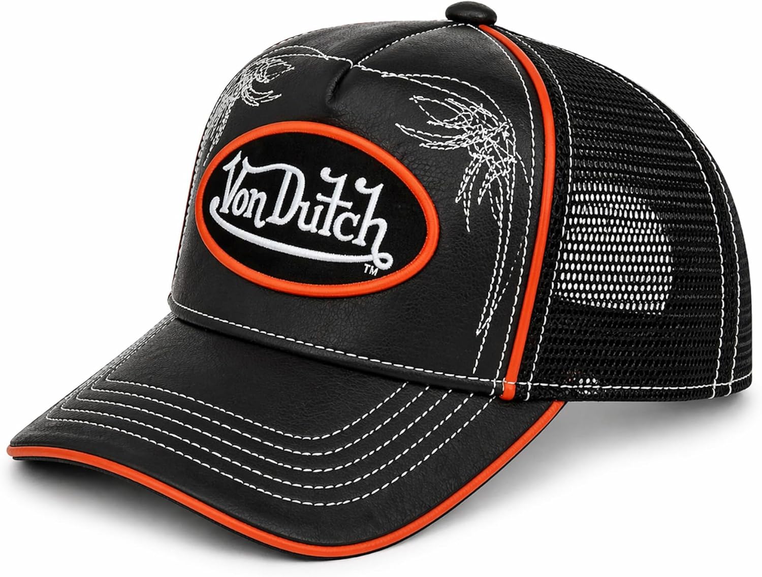 Von Dutch Trucker Hat, Black Faux Leather Front with Mesh Back, Snapback Adjustable Baseball Cap, Midnight Ember