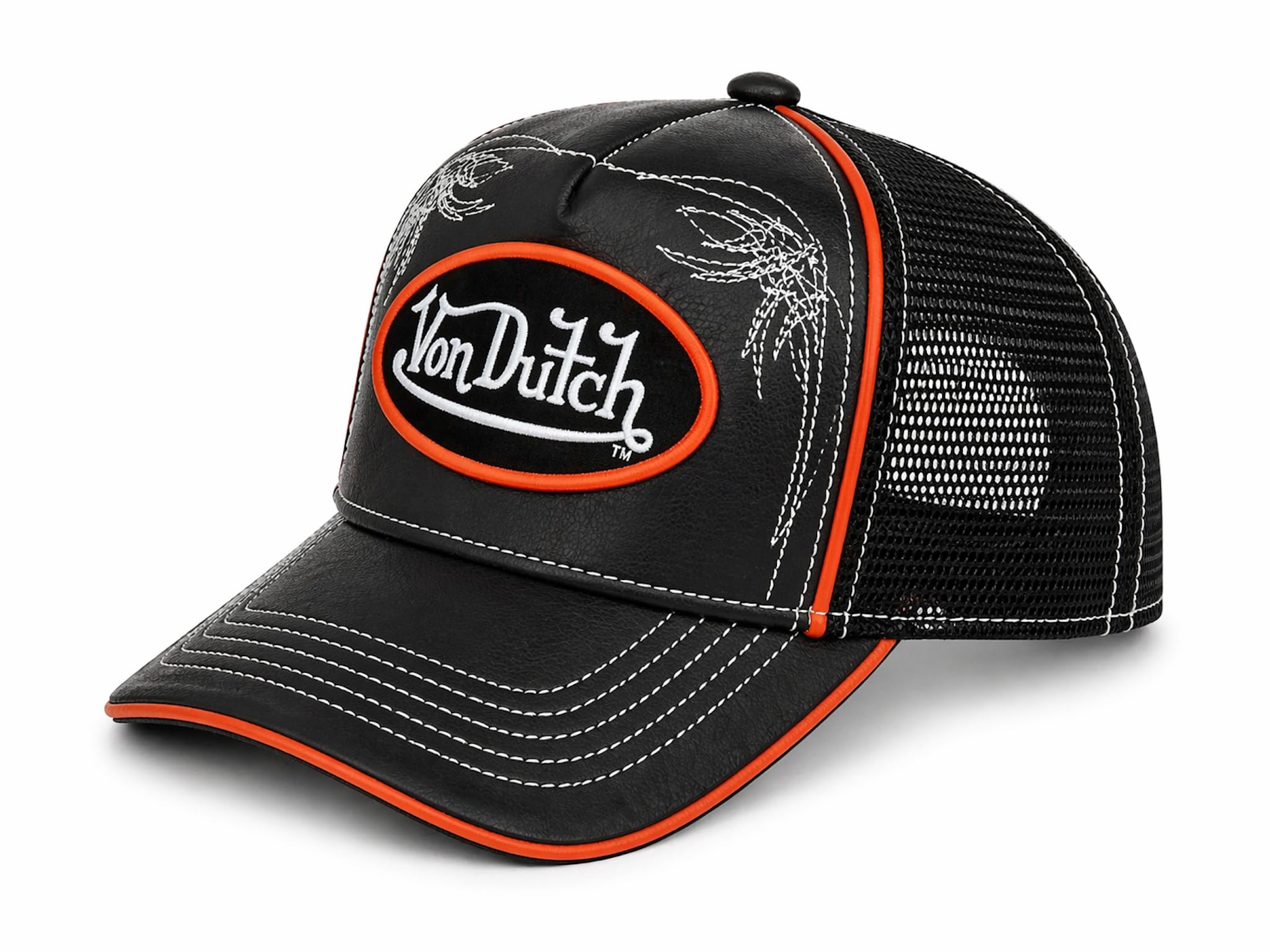 Von Dutch Trucker Hat, Black Faux Leather Front with Mesh Back, Snapback Adjustable Baseball Cap, Midnight Ember