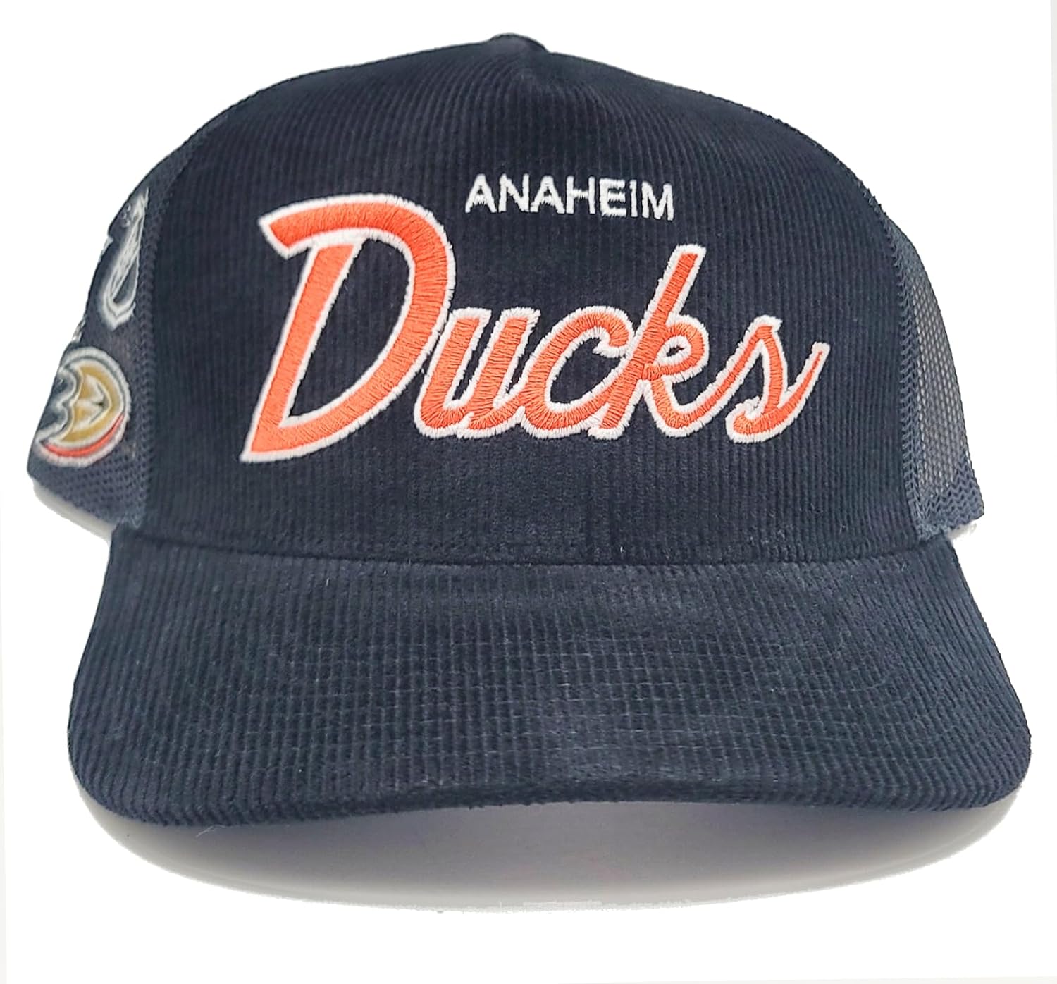 Mitchell & Ness Anaheim Ducks New NHL Retro Script Times Up Trucker Mesh Black Orange Era Snapback Hat Cap