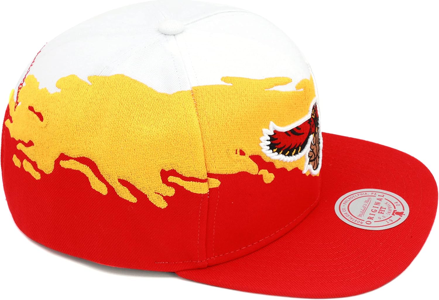 Mitchell & Ness Atlanta Hawks Paintbrush Snapback Hat Adjustable Cap HWC - Red/Yellow/White, One Size