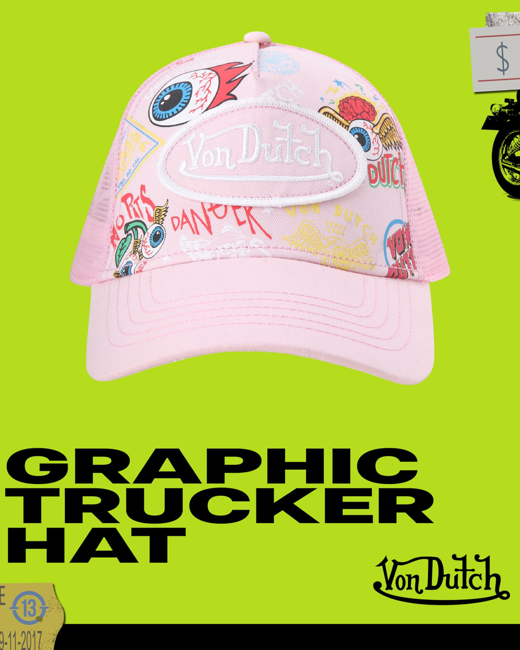 Von Dutch Monogram Trucker Cap - Retro Snapback Cap for Men and Women - Adjustable Snap Fit Panel, Mesh Rear, Curved Bill