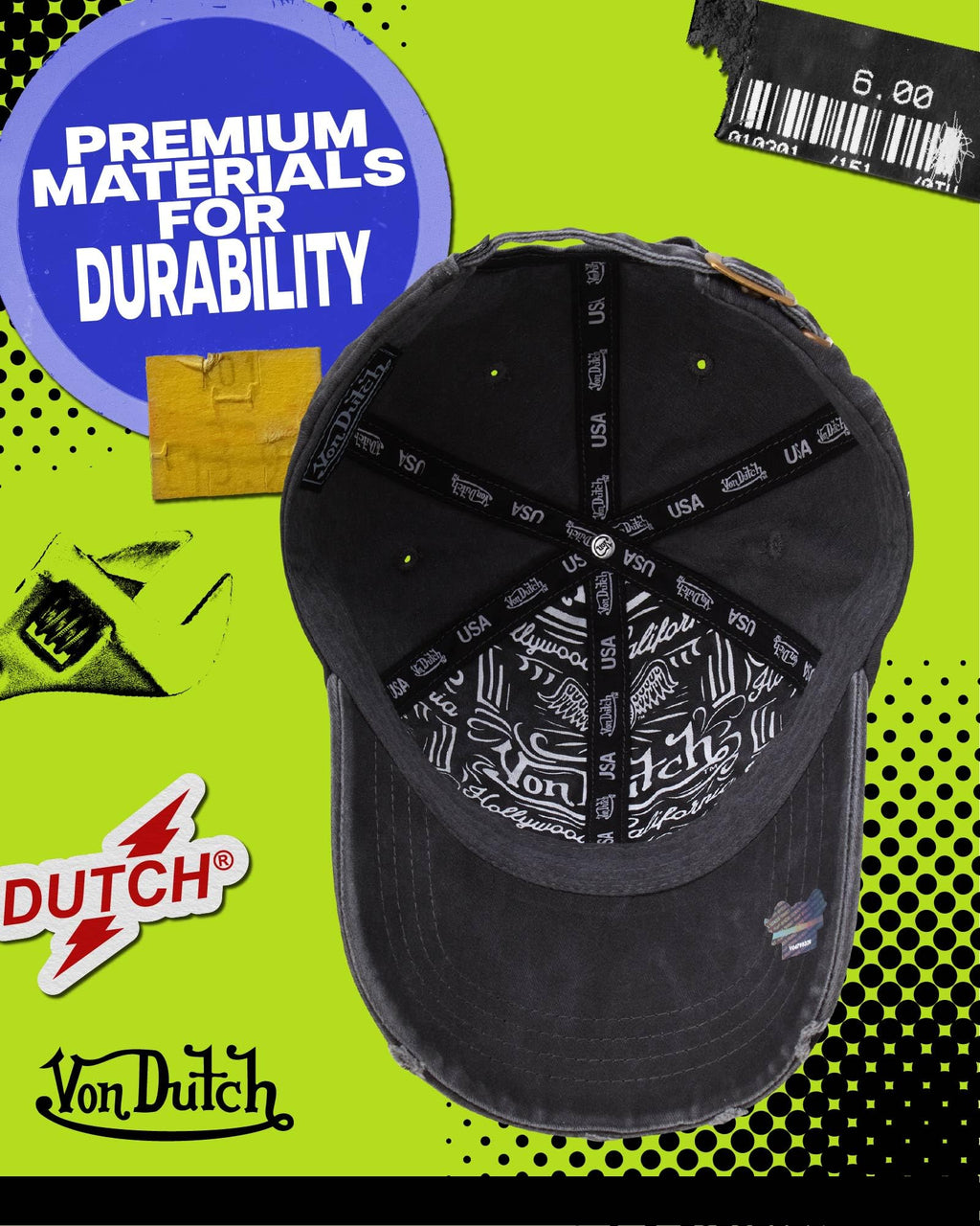 Von Dutch Men & Womens Baseball Caps - Breathable Adjustable Snapback Soft Cotton Canvas Curved Brim Vintage Hat, Size One Size, Black Distressed with Patched