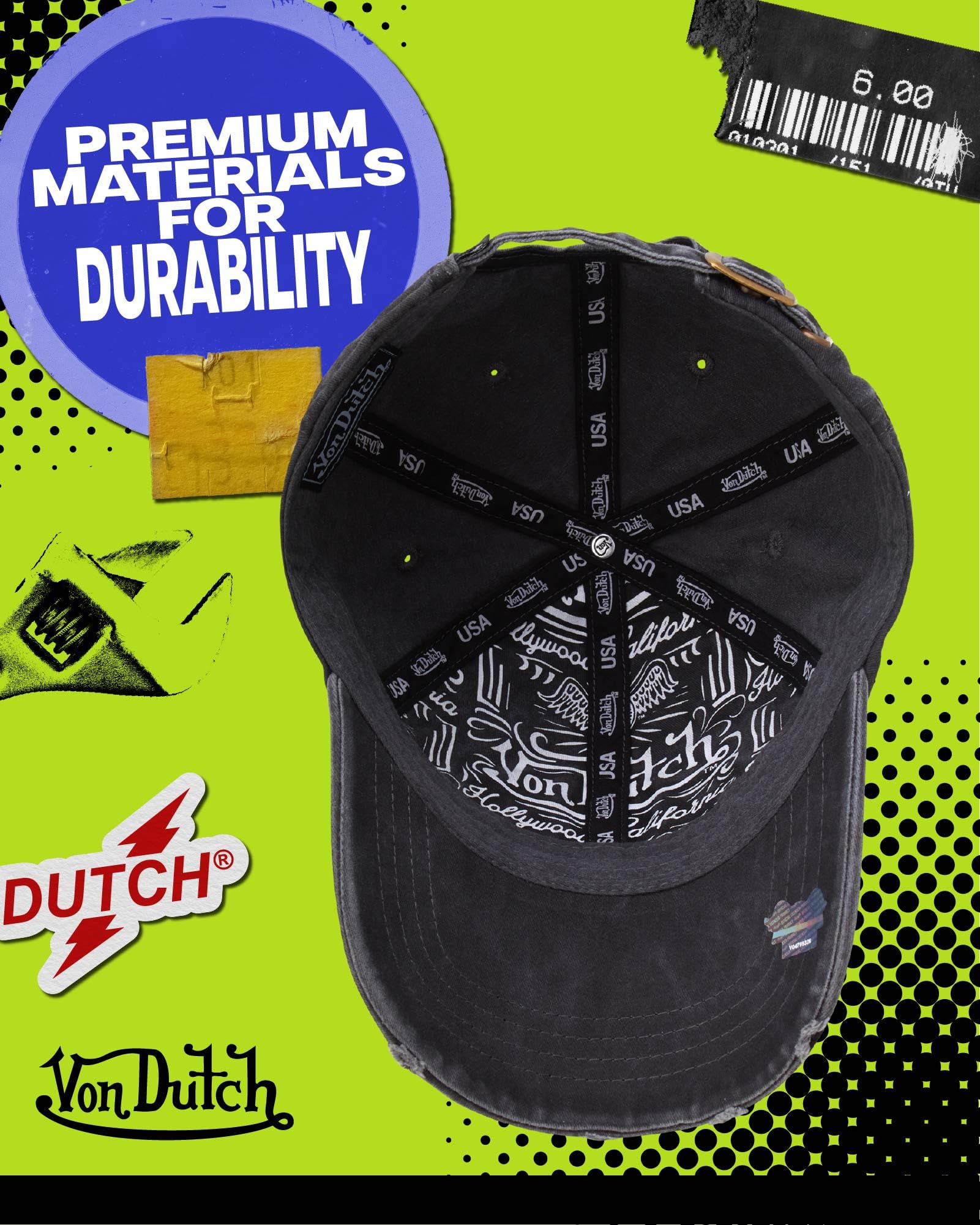 Von Dutch Men & Womens Baseball Caps - Breathable Adjustable Snapback Soft Cotton Canvas Curved Brim Vintage Hat, Size One Size, Black Distressed with Patched