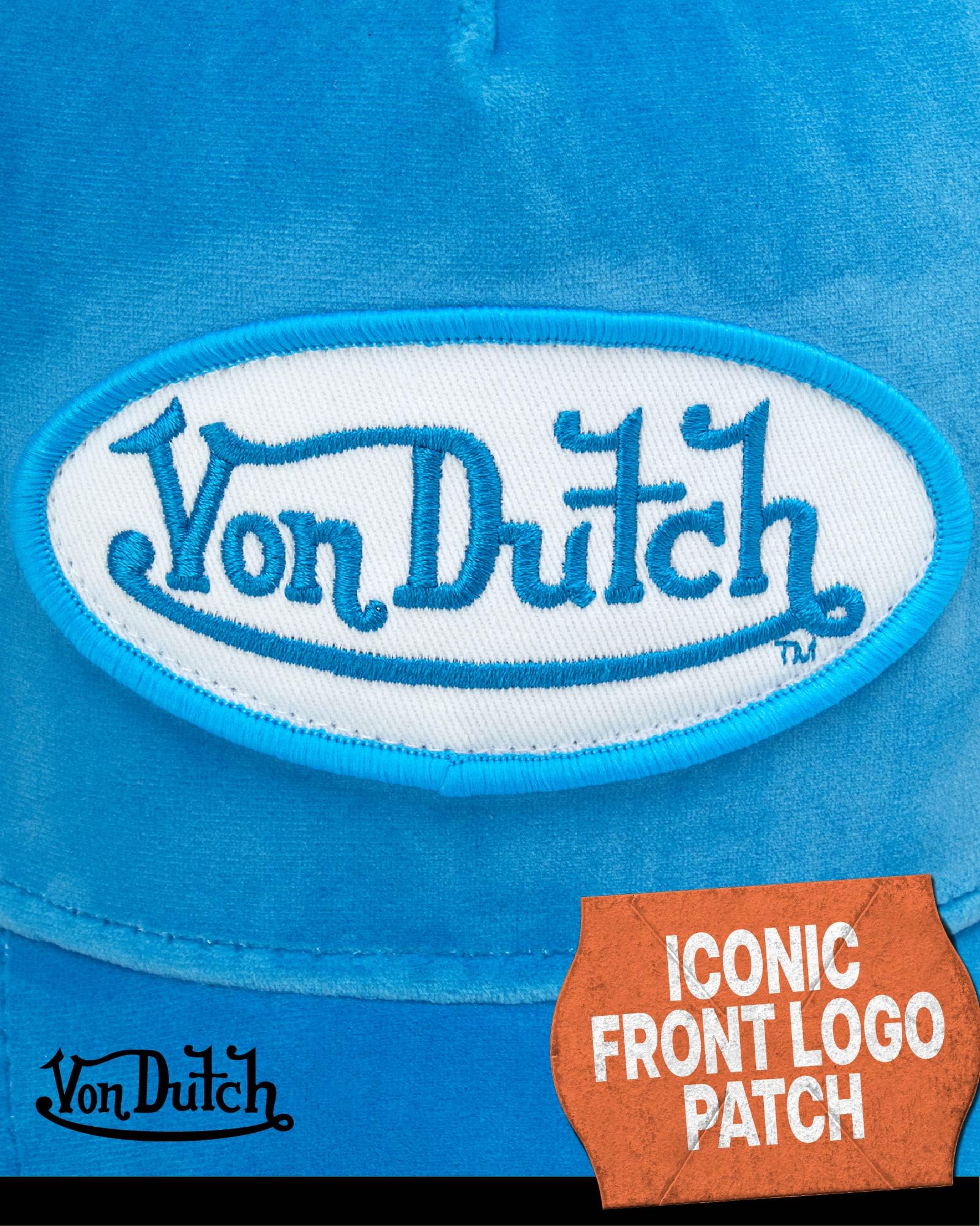 Von Dutch Unisex Trucker Hat - Velvet Curved Bill Mesh Back Retro Classic Adjustable Snapback Baseball Cap for Men and Women, Size One Size, Blue
