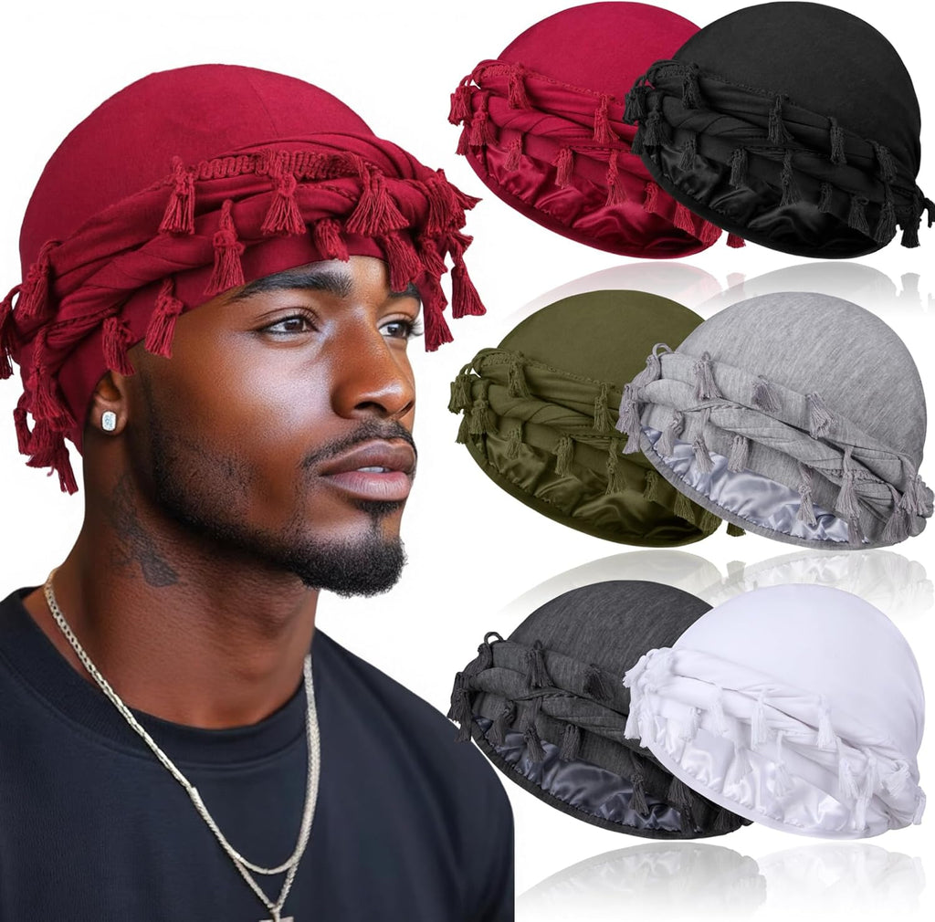 6 Pack Satin Lined Turban for Men, Silky Pre-Tied Head Wraps – Hair Protection Sleep Cap for Waves, Braids