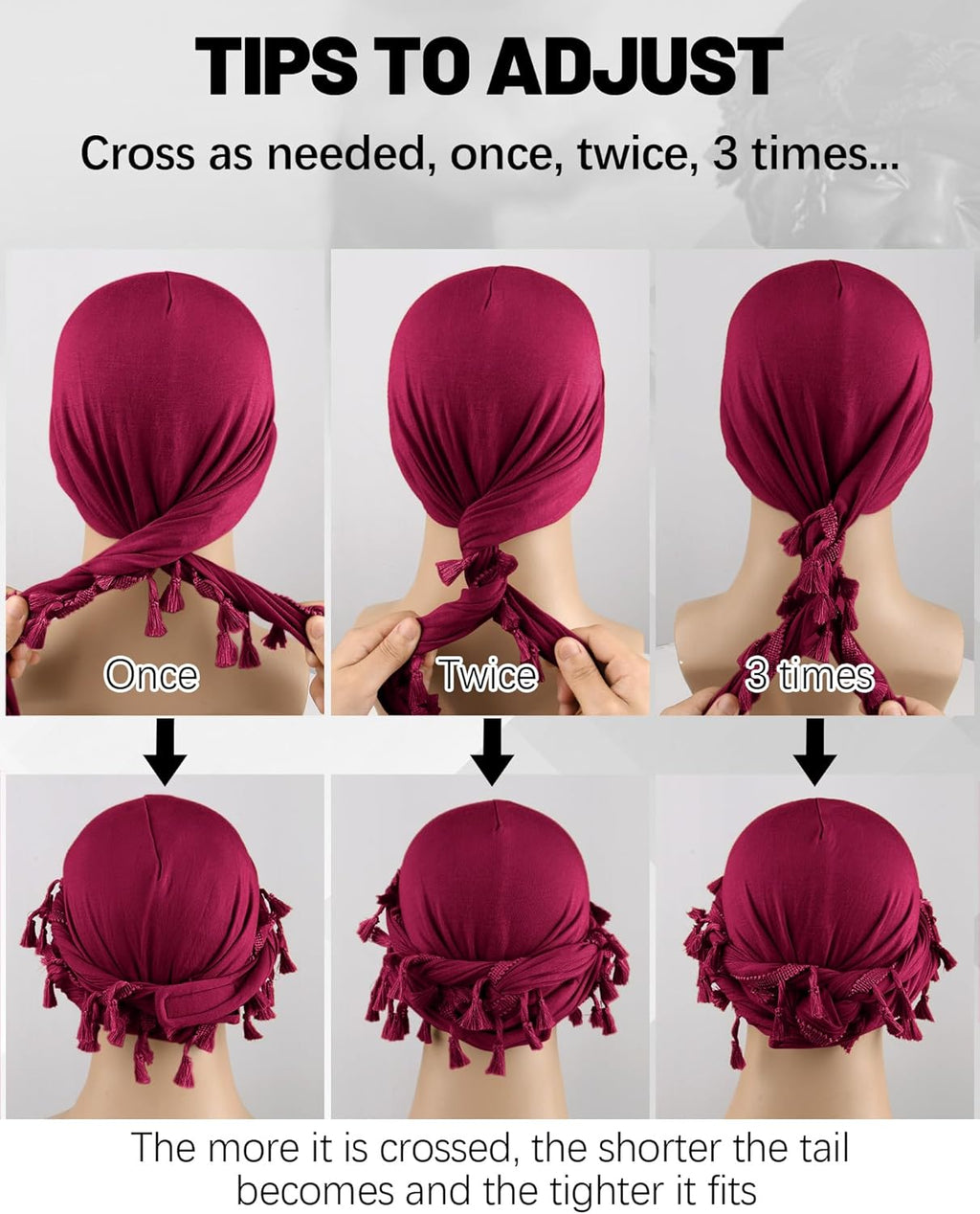 Ababalaya Adjustable Satin Lined Halo Turban Durag for Men &Women Twisted Tassel Head Wraps, Beanie Hats for Hair Losss, Black&Red, 2PCS