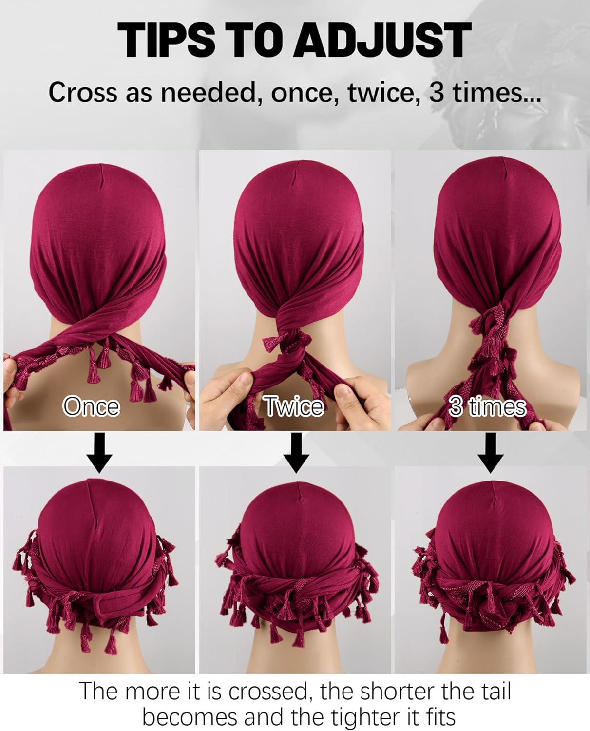 Ababalaya Adjustable Satin Lined Halo Turban Durag for Men &Women Twisted Tassel Head Wraps, Beanie Hats for Hair Losss, Black&Red, 2PCS