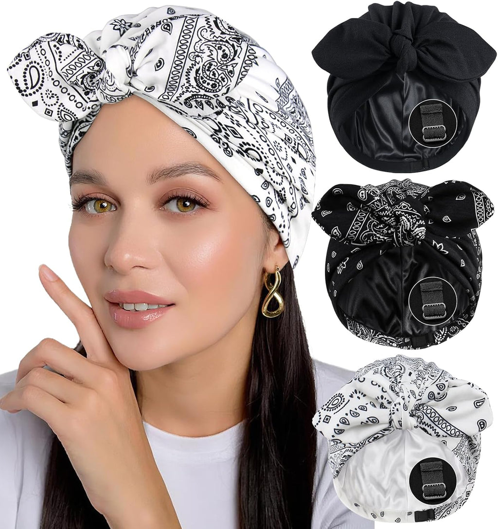 Babalet 3PCS Satin Lined Beanies for Women Pre-Tied Bowknot Chemo Headwear Silky Lined Cotton Sleeping Cap
