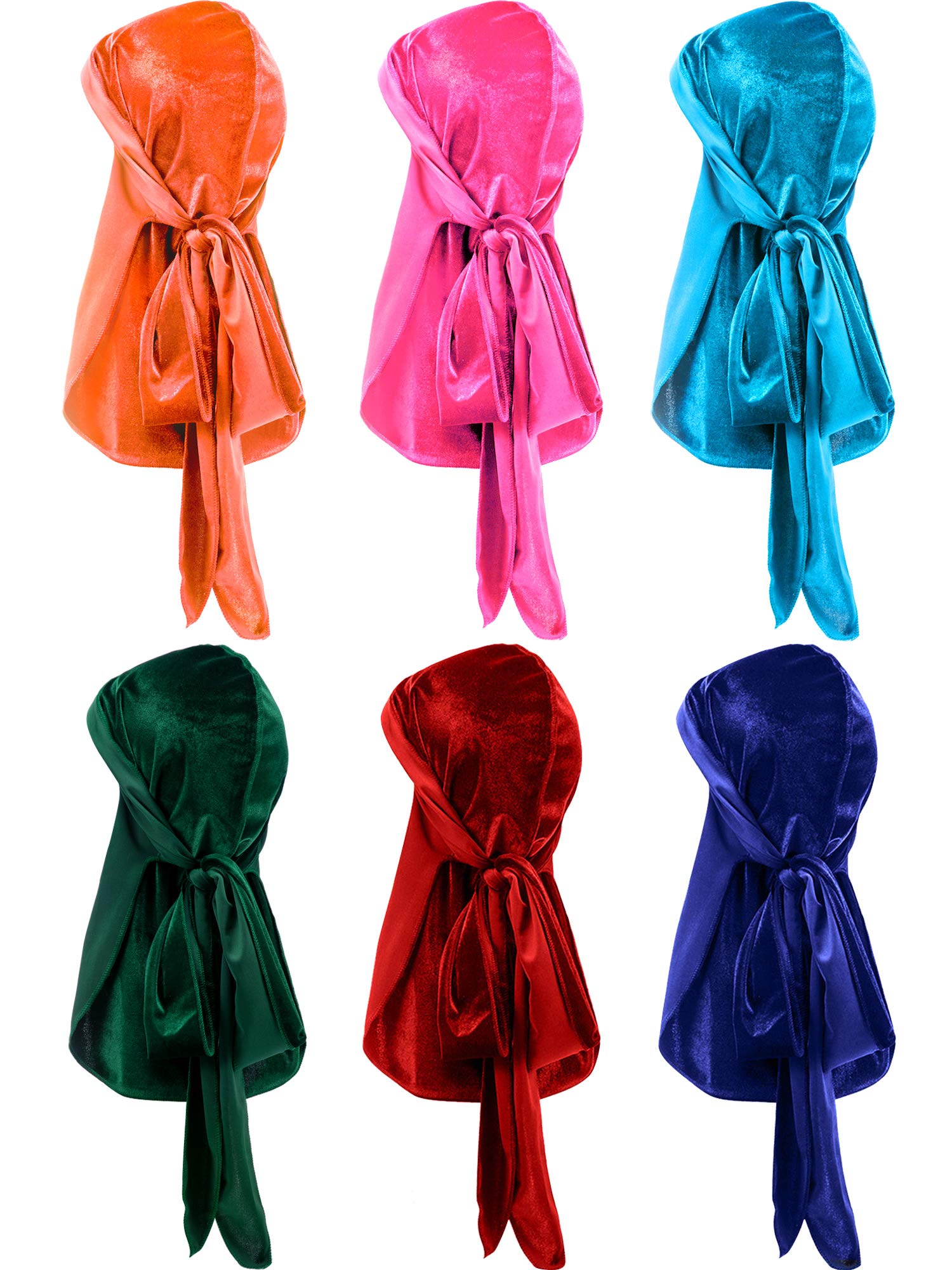 Tatuo 6 Pack Velvet Durag for Men Women, 41 Inch Extra Long Tail, Stretchable Wave Cap for 360/540/720 Waves(Green, Purple, Red, Gold, Blue, Dark)