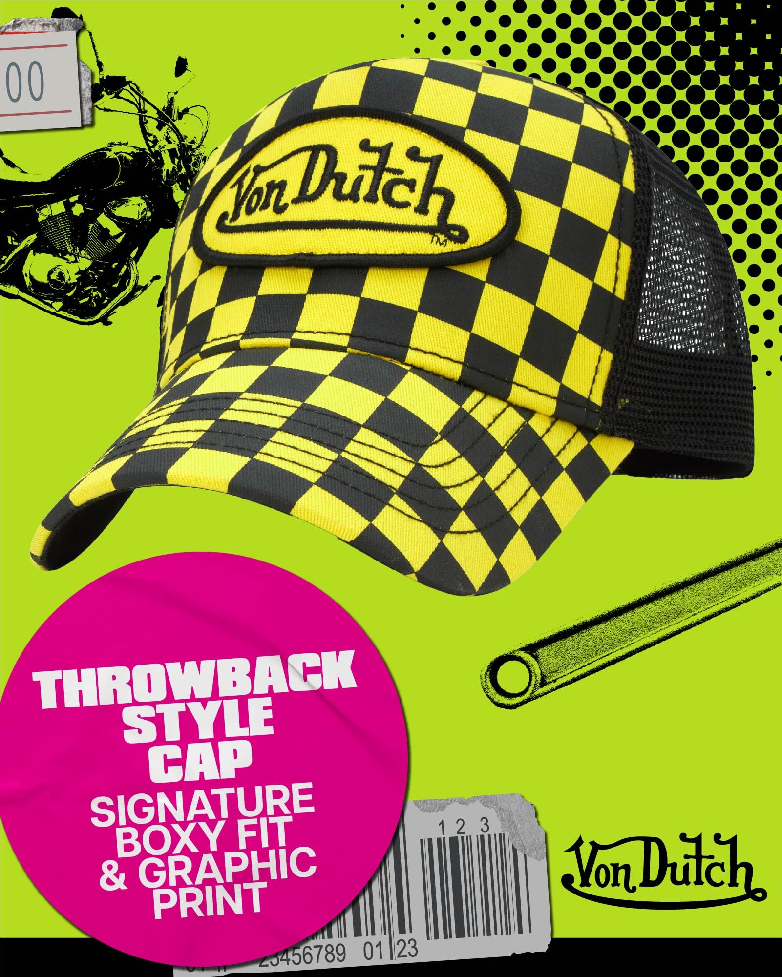 Von Dutch Monogram Trucker Cap - Retro Snapback Cap for Men and Women - Adjustable Snap Fit Panel, Mesh Rear, Curved Bill