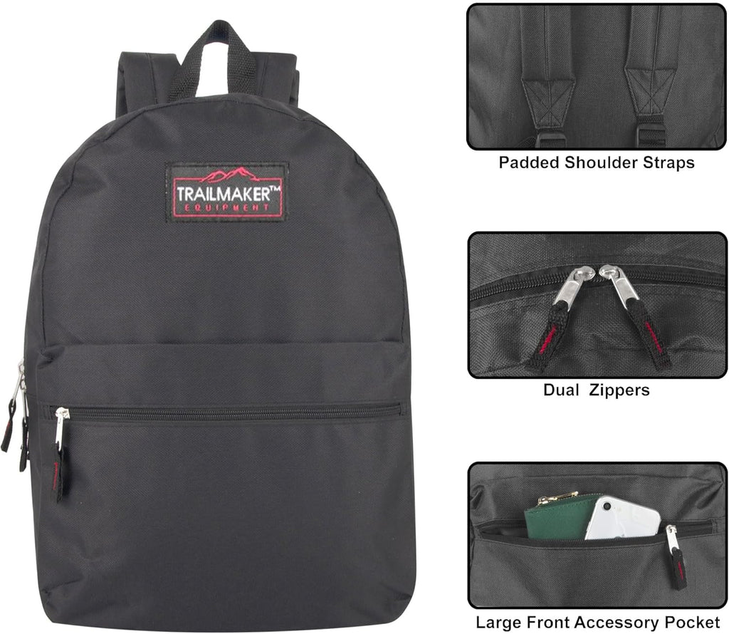 Trail maker Classic 17 inch Backpacks with Adjustable Padded Straps | School Backpacks for Girls, Boys (Black)
