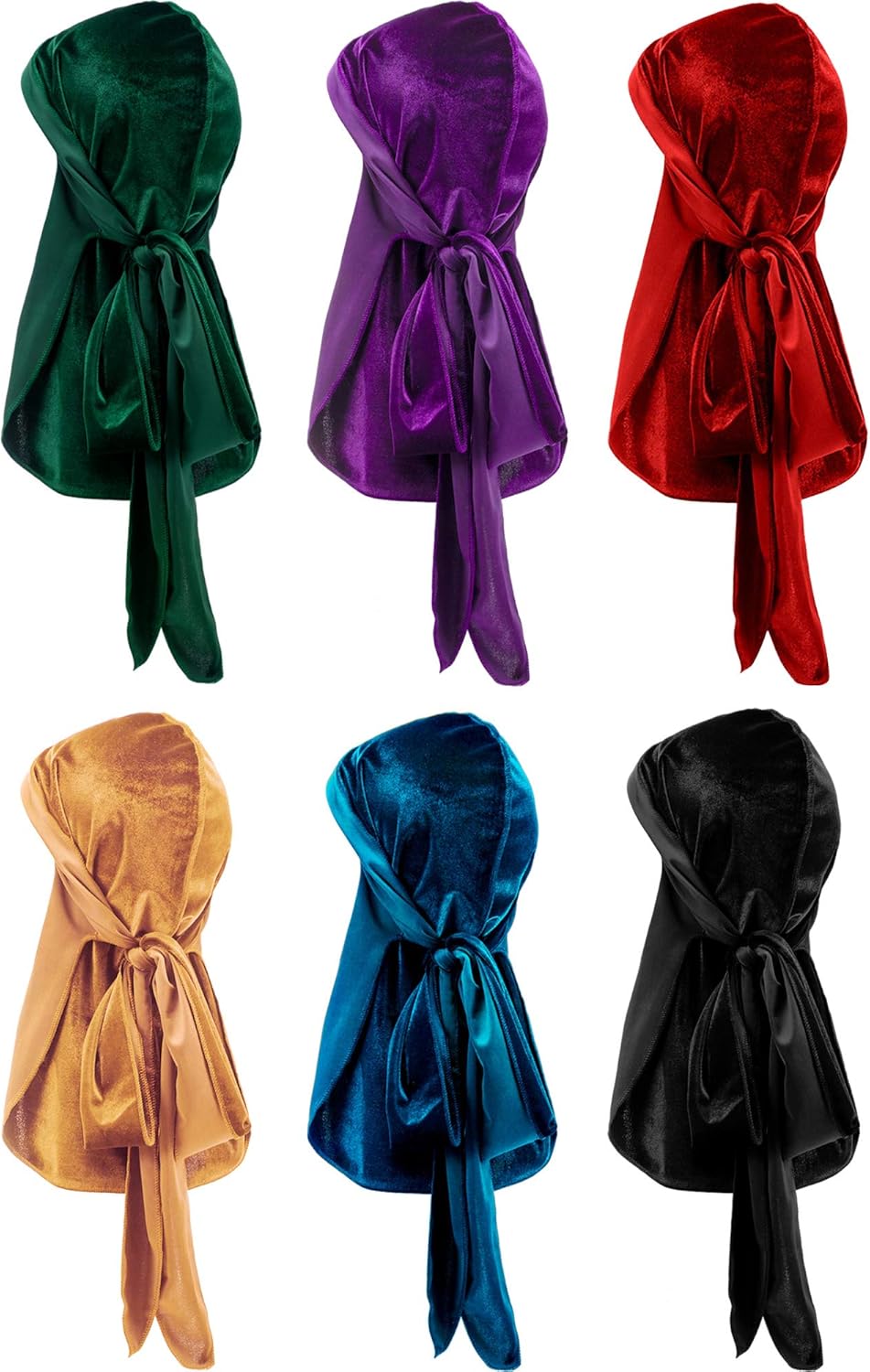 Tatuo 6 Pack Velvet Durag for Men Women, 41 Inch Extra Long Tail, Stretchable Wave Cap for 360/540/720 Waves(Green, Purple, Red, Gold, Blue, Dark)