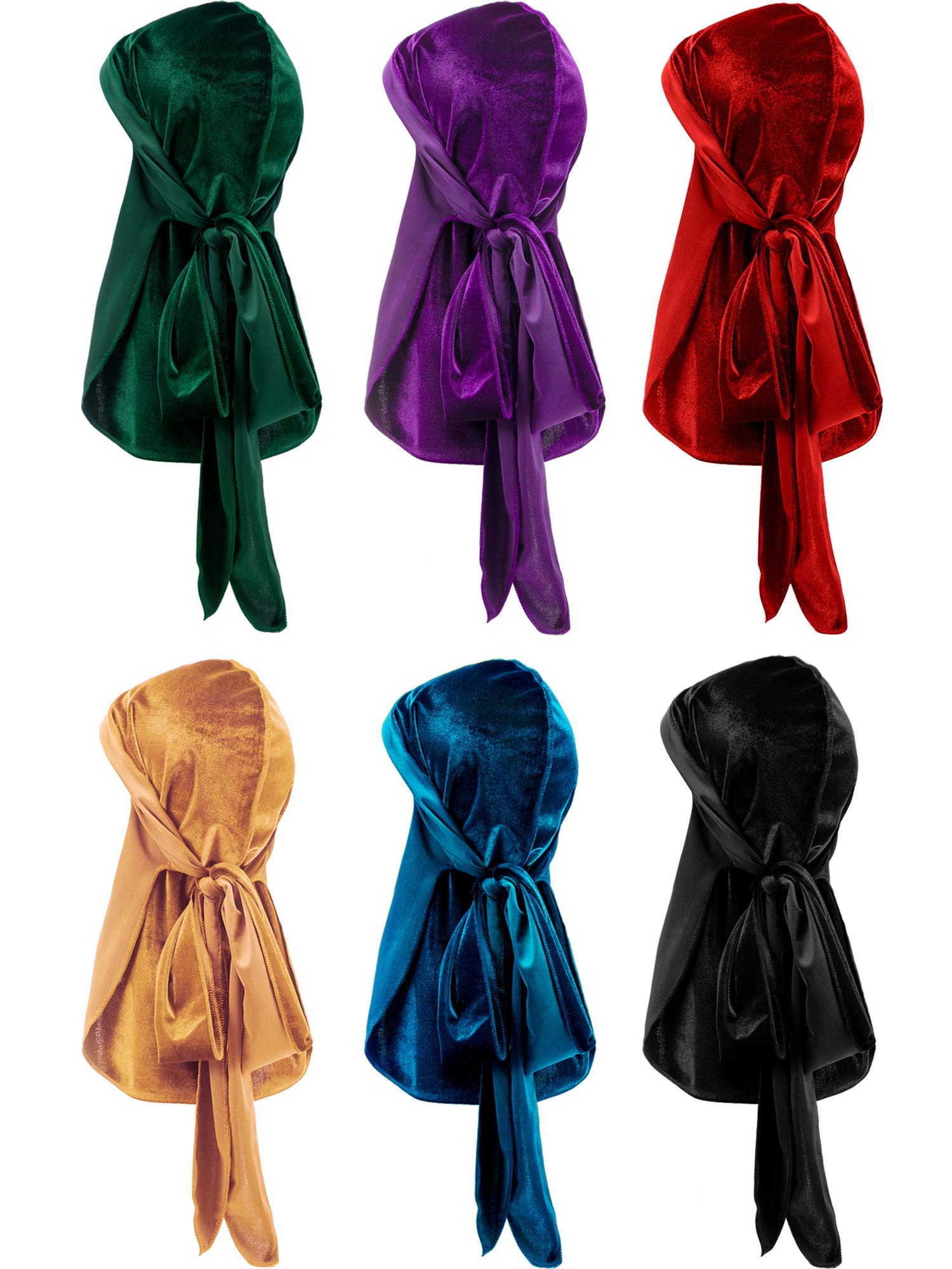 Tatuo 6 Pack Velvet Durag for Men Women, 41 Inch Extra Long Tail, Stretchable Wave Cap for 360/540/720 Waves(Green, Purple, Red, Gold, Blue, Dark)
