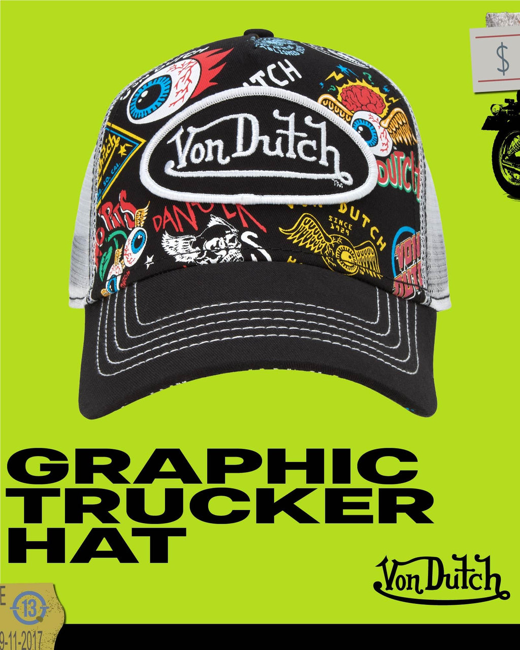 Von Dutch Monogram Trucker Cap - Retro Snapback Cap for Men and Women - Adjustable Snap Fit Panel, Mesh Rear, Curved Bill